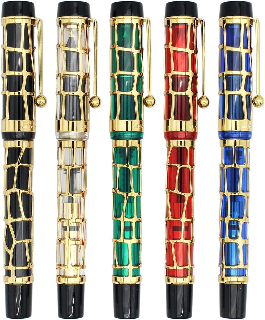 Gullor Century 100 Fountain Pen, Skeleton Hollow-out Series Golden, Screw-Cap, Fine Nib, Black
