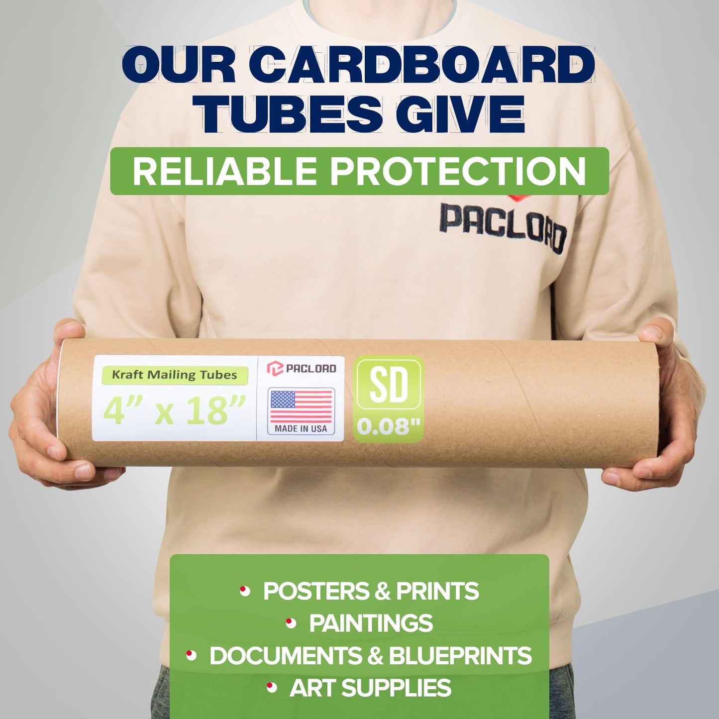 4" x 18" Reinforced Kraft Paper Mailing Tube, Pack of 4 Tubes with 8 Caps – Secure USPS Approved Poster Tube – Cardboard Tube for Shipping and Storing Posters, Prints, Artwork, or Documents