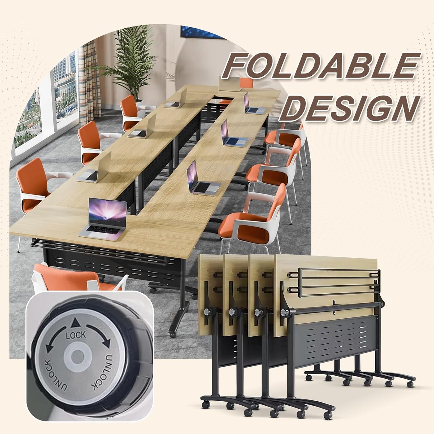 Folding Conference Room Table, Modern Conference Tables with Wheels, Large Rectangular Mobile Training Tables for Office Classroom, Foldable Modular Boardroom Seminar Table Maple (8pack L47.2in)