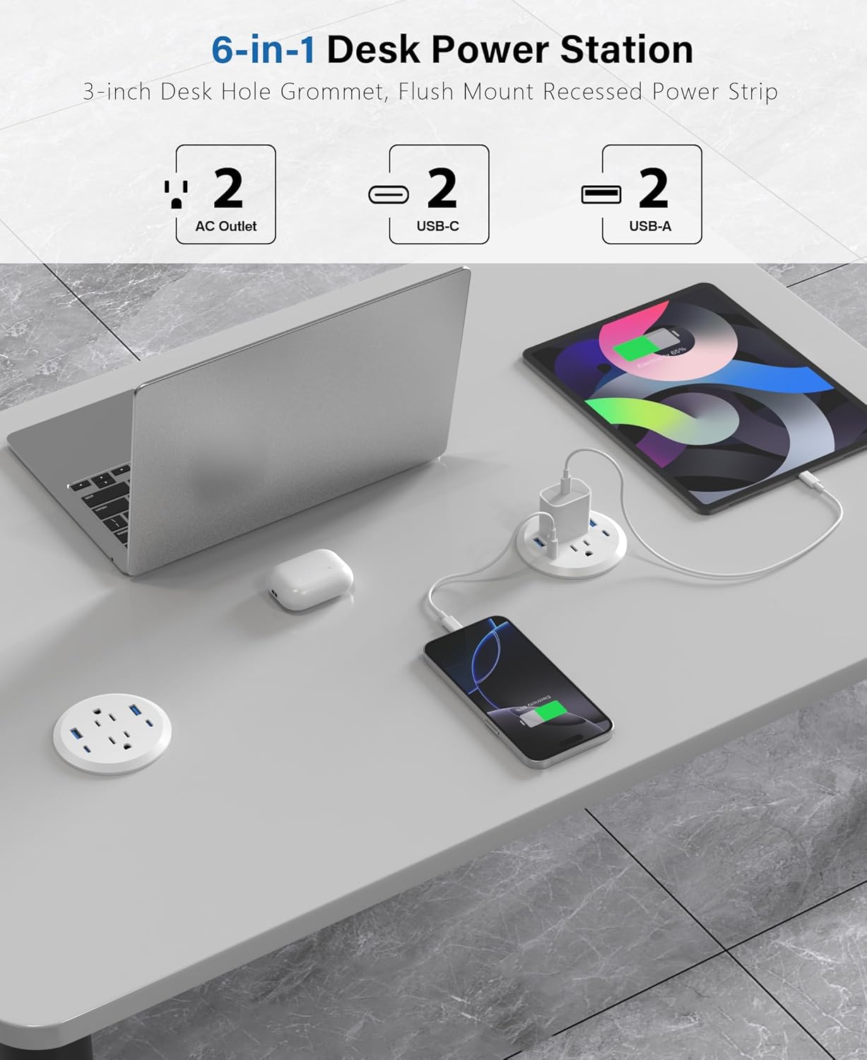 3 inch Desktop Power Grommet with PD 20W USB C,Furniture Recessed Power Strip,2 Outlets,4 USB Ports,40W Total,Flush-Mount for Desktop, Workspace Essential Desk Outlet (White, 3 FT Cable)