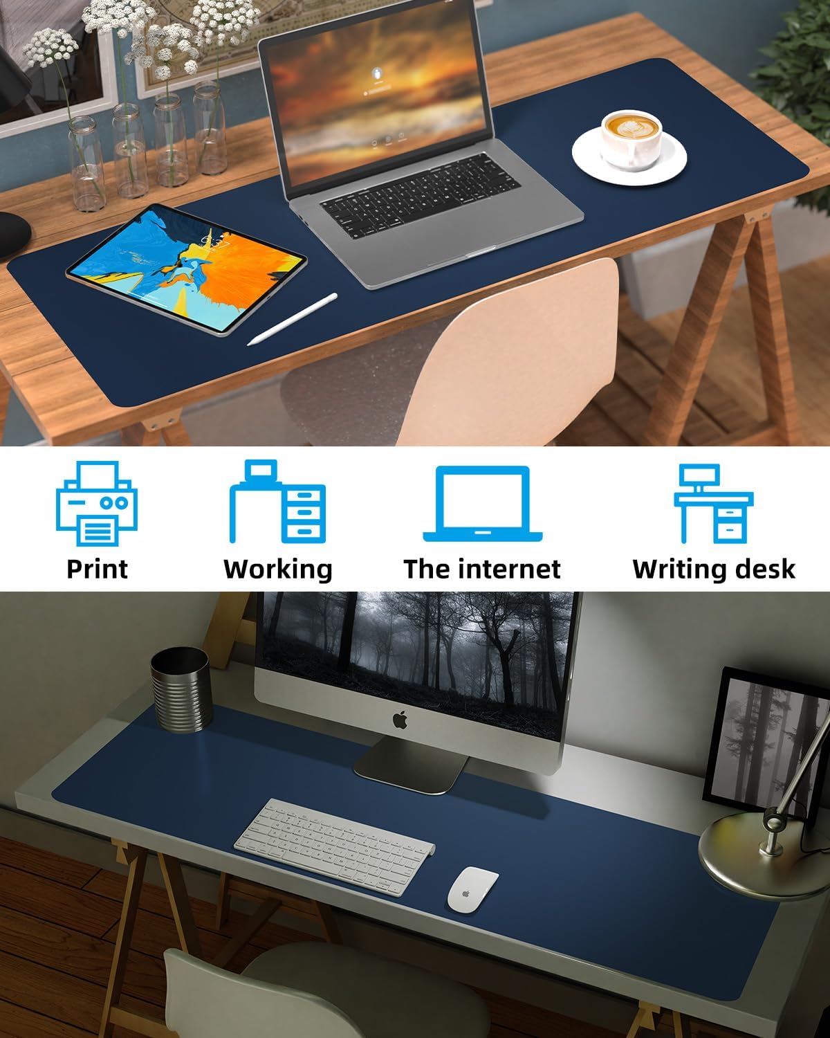 Leather Desk Pad Protector, Large Desk Mat, Mouse Pad, Non-Slip PU Leather Desk Blotter,Desk Cover mat,Desk mat for Keyboard and Mouse,Mat for Office&Home (Midnight Blue, 48" x 17")