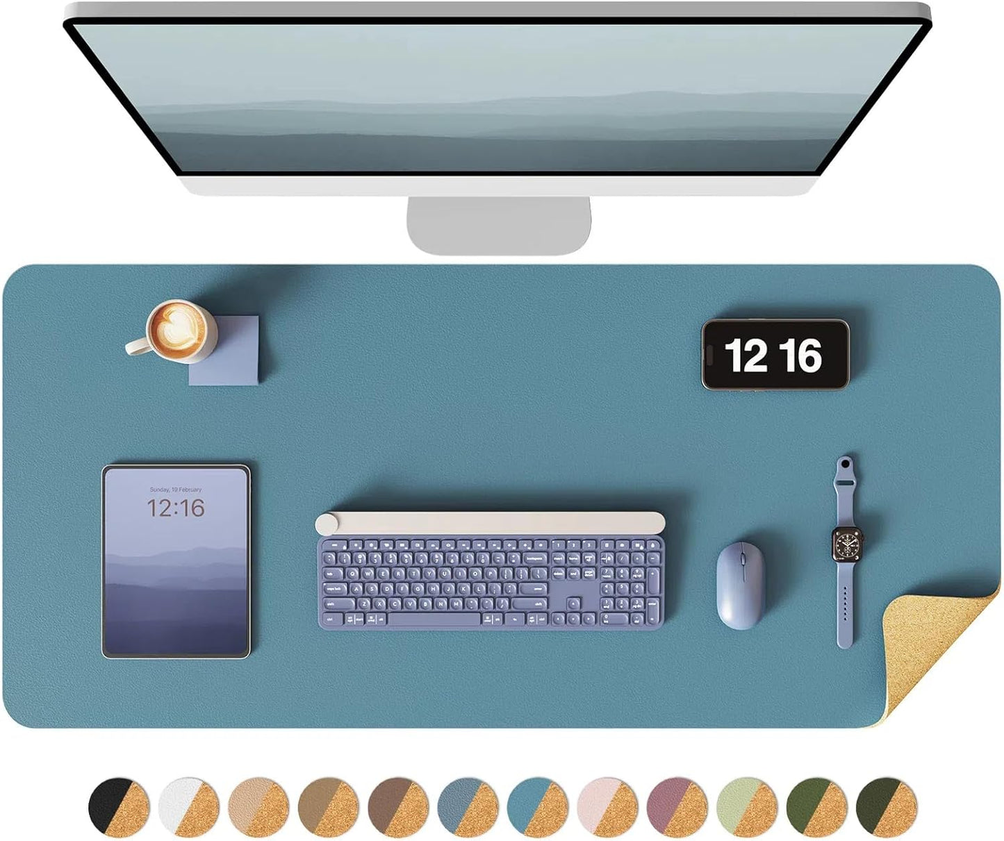 YSAGi Double-Sided Desk Pad, 35.4"x17"Leather Desk Mat, Eco Cork Desk Pad Protector,Large Mouse Pad,Waterproof Desk Blotter for Office/Home(Sea Blue)