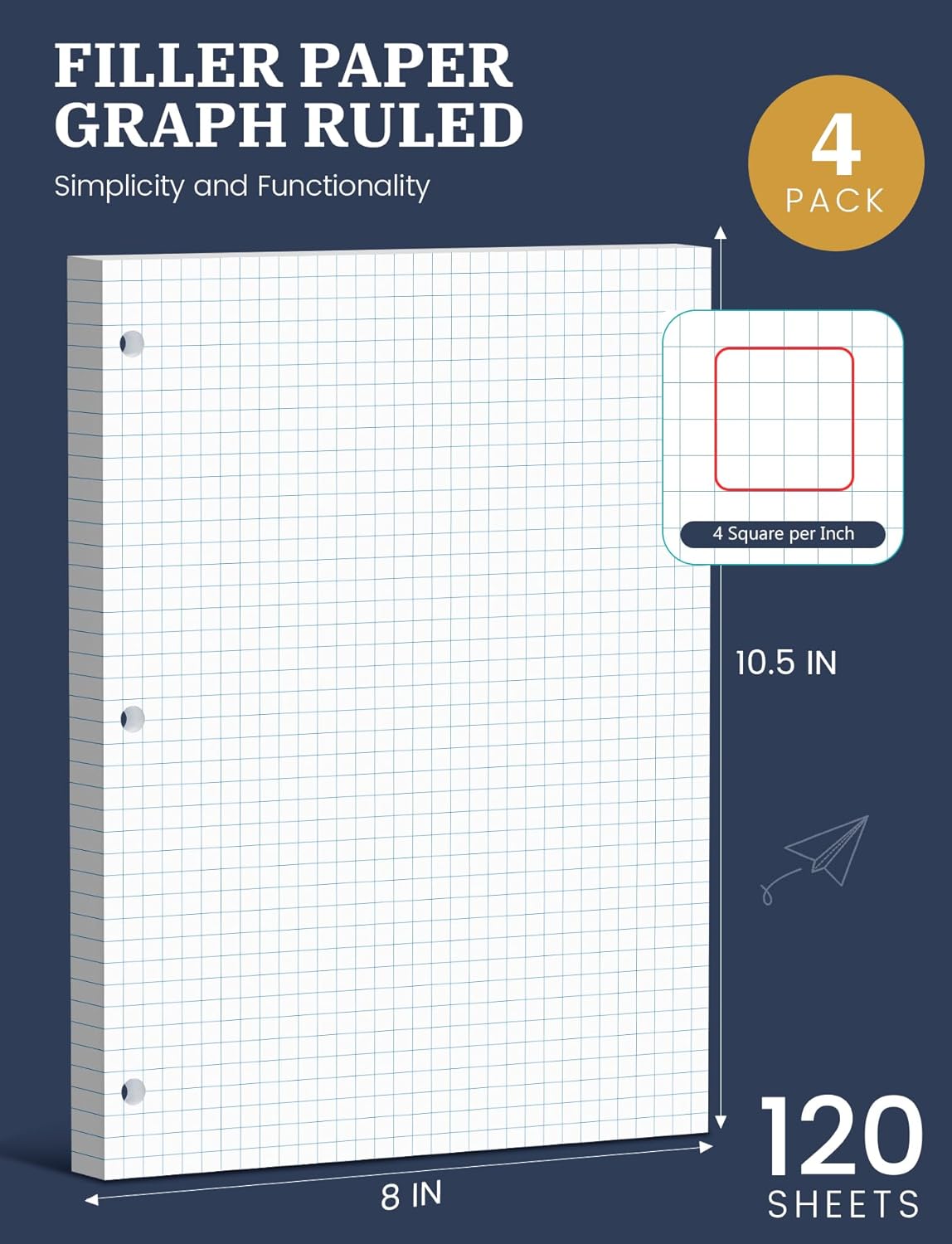 480 Sheets Graph Paper Loose Leaf 8 x 10.5, 8 x 10-1/2’’ Blueprint Quadrille Pad, 4x4 Graph Ruled Filler Paper, 3-Hole Punched Grip Papers Lined Bulk, Loose Leaf Paper 8 x 10.5 with 3-Ring for Binder