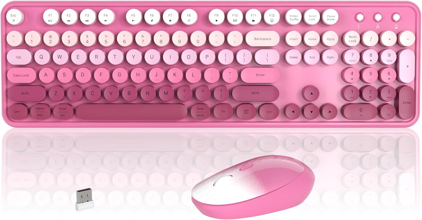 Colorful Wireless Keyboard and Mouse Combo, COVEVA 2.4GHz Wireless Retro Cute Round Keycaps Keyboard, 104 Keys Full-Sized Keyboard Mouse Set with Switch Button for PC Laptop Desktop (Pink Gradient)