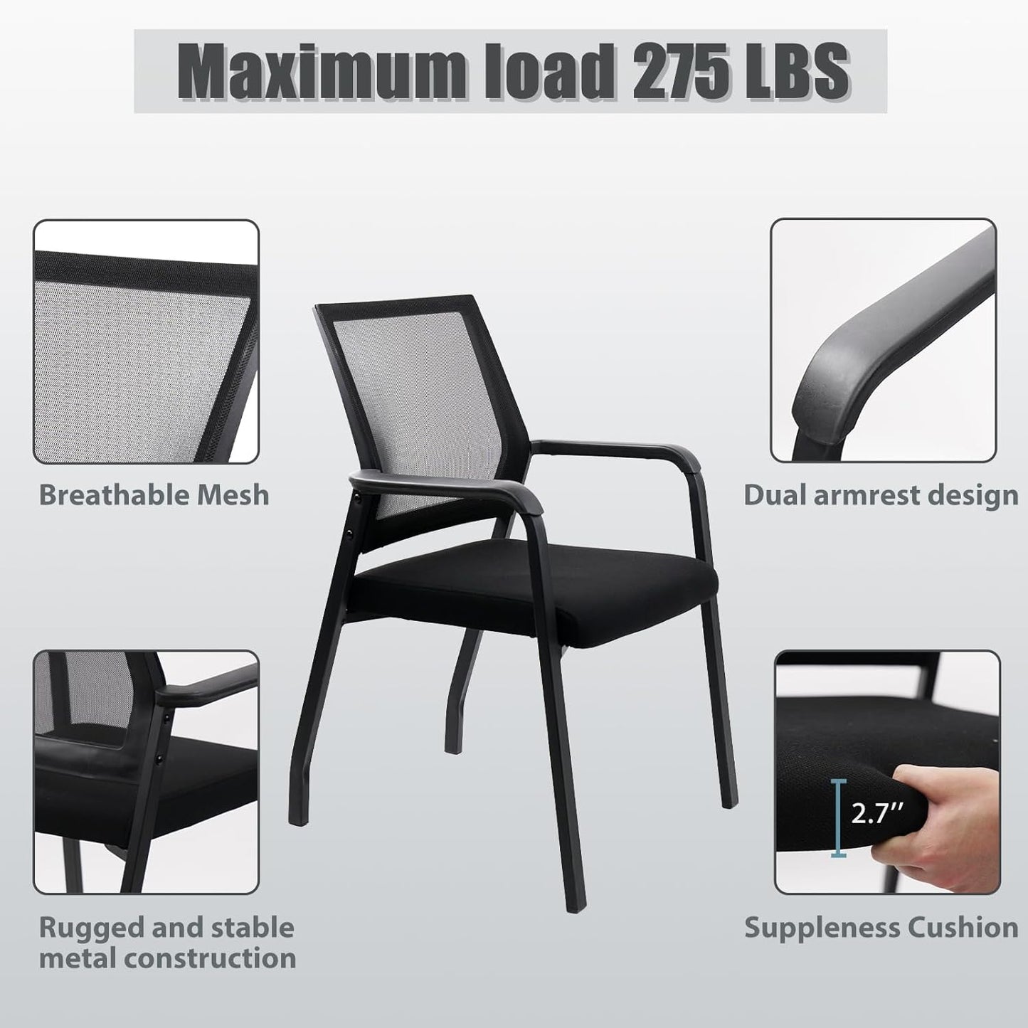 Desk Chair No Wheels, Arm Chair with Ergonomic Lumbar Support and Thickened Seats Cushion, Waiting Room Chairs for Office School Church Guest Reception, 2 Pack Black