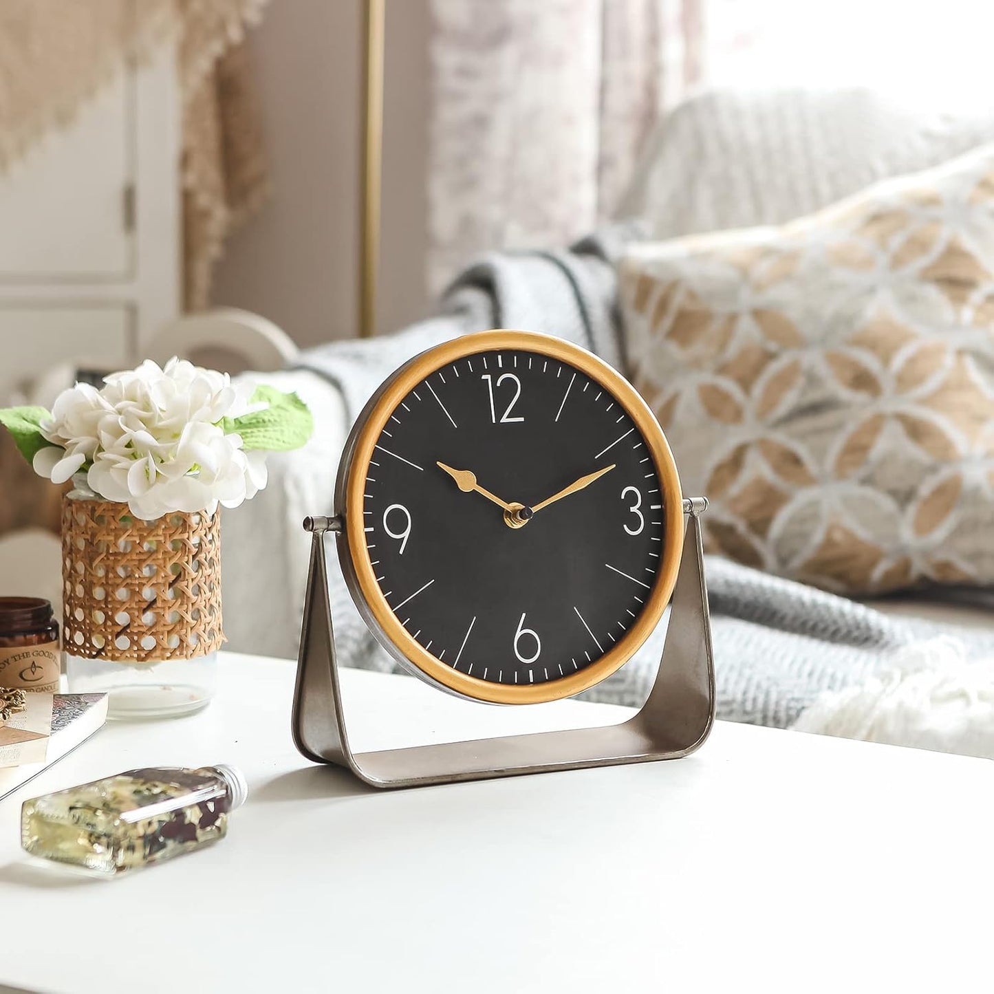 NIKKY HOME Vintage Table Clock, Black Desk Clock on Stand Decorative Desk and Shelf Clocks Metal Tabletop Clock Silent Non-Ticking with Battery Powered for Living Room