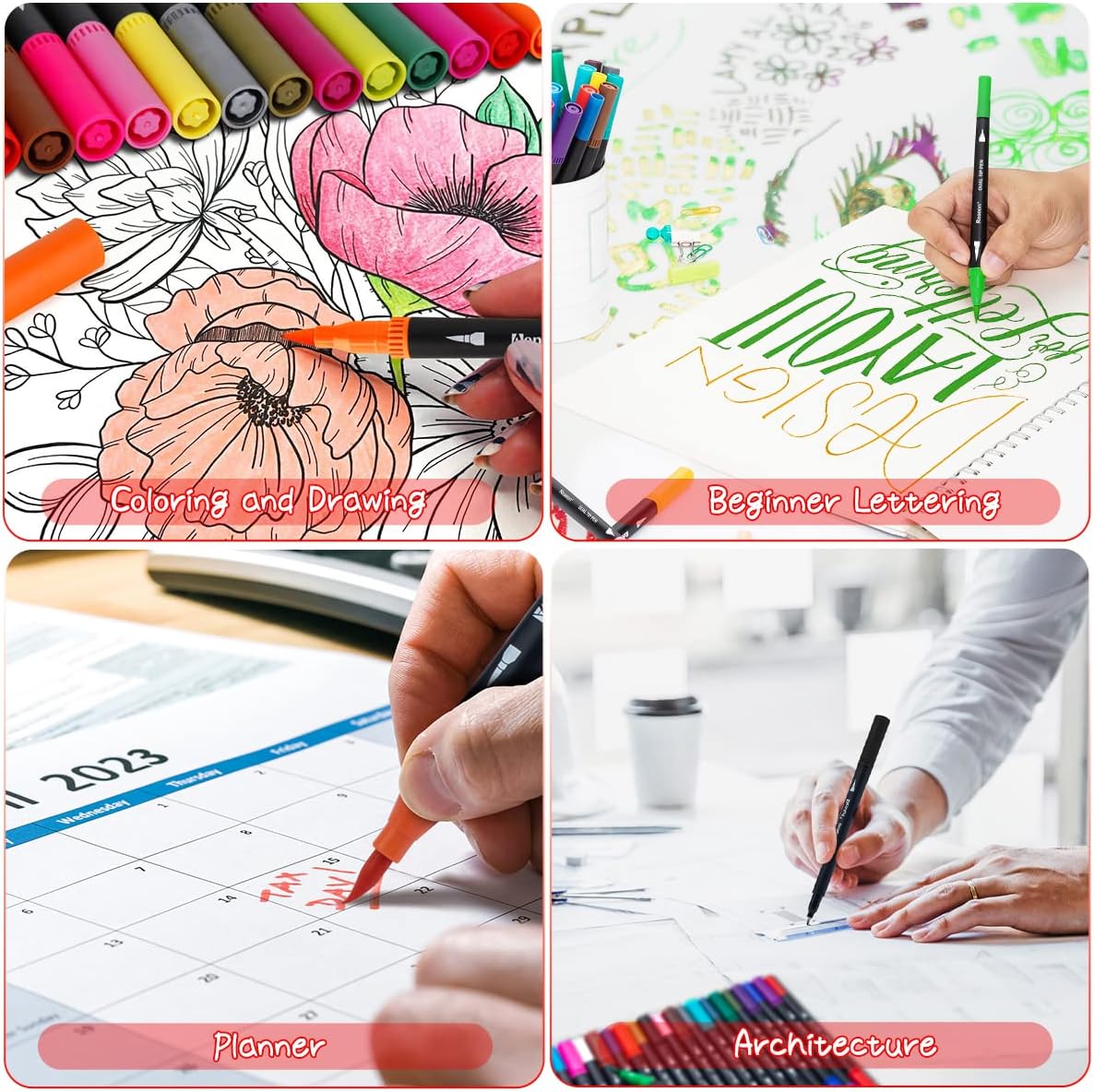 Dual Markers Brush Pens, 36 Fine Point Art Marker, Double Tip Colored Pen for Adult Coloring Hand Lettering, School Classroom Art Suppliers