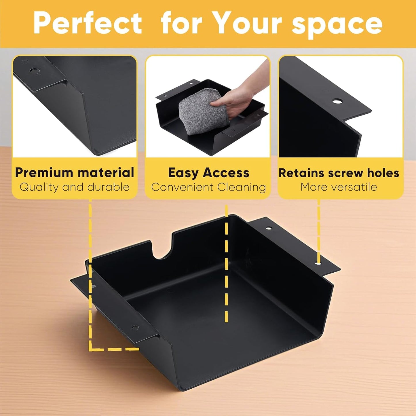 4 Pack Under Desk Hanging Shelf Drawer Organizer, Attachable Plastic Hidden Storage Tray, Easy Adhesive Mount Holder for Standing Tables, Office, Counters, Cabinets, Workstations - Black