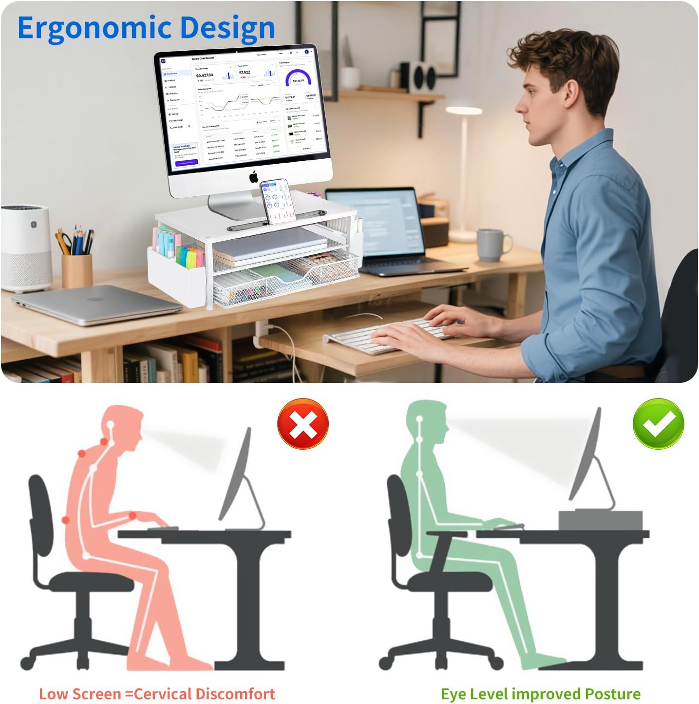 AUPSEN White Monitor Stand Riser, 2-Tier Wood Computer Desk Organizer with Drawer, Pen Storage & Phone Holder, Office Desk Accessories Desktop Organizer for Office Supplies