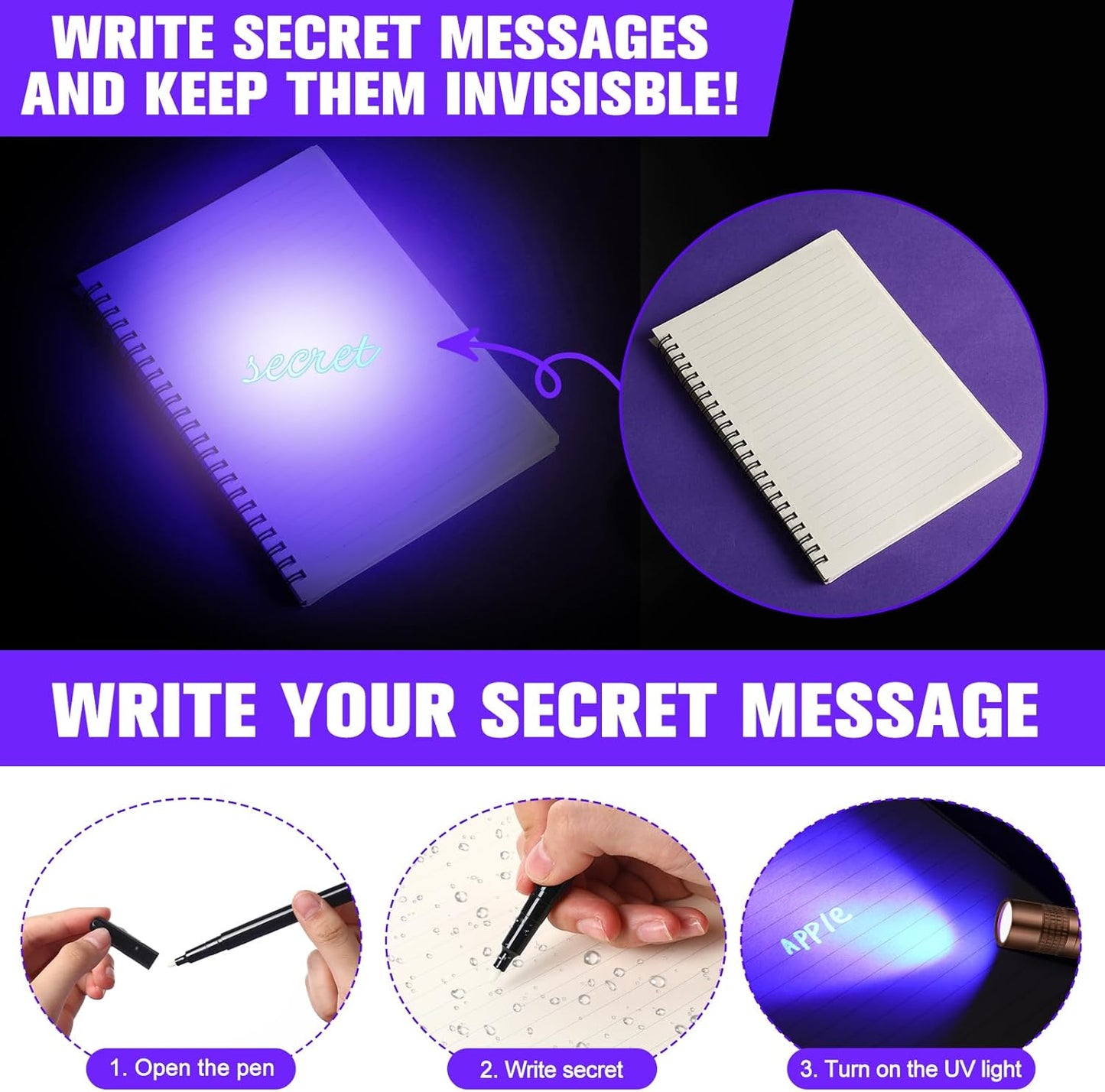 Tegeme 8 Pcs Black Light Markers Set 4 Invisible Ink Pen 4 Mini UV Flashlights Invisible Ink Marker Disappearing Pen for Class Prizes Spy Gift Party Favors(Bronze and Black)