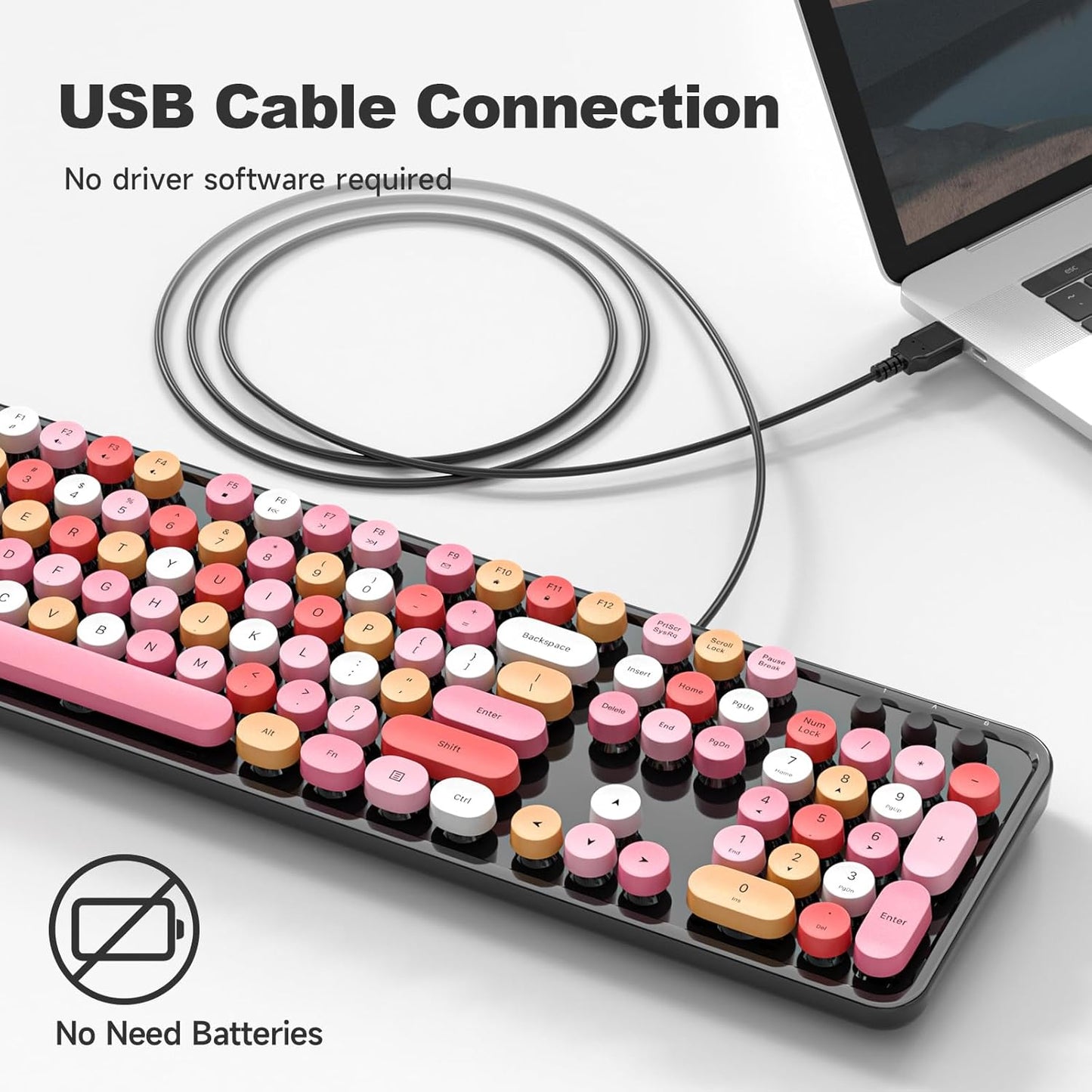USB Wired Computer Keyboard - Retro Typewriter Keyboard - Full Size Office Keyboard with Number Pad, Caps Indicators, Foldable Stands, for PC Laptop Desktop Windows (Black Colorful)