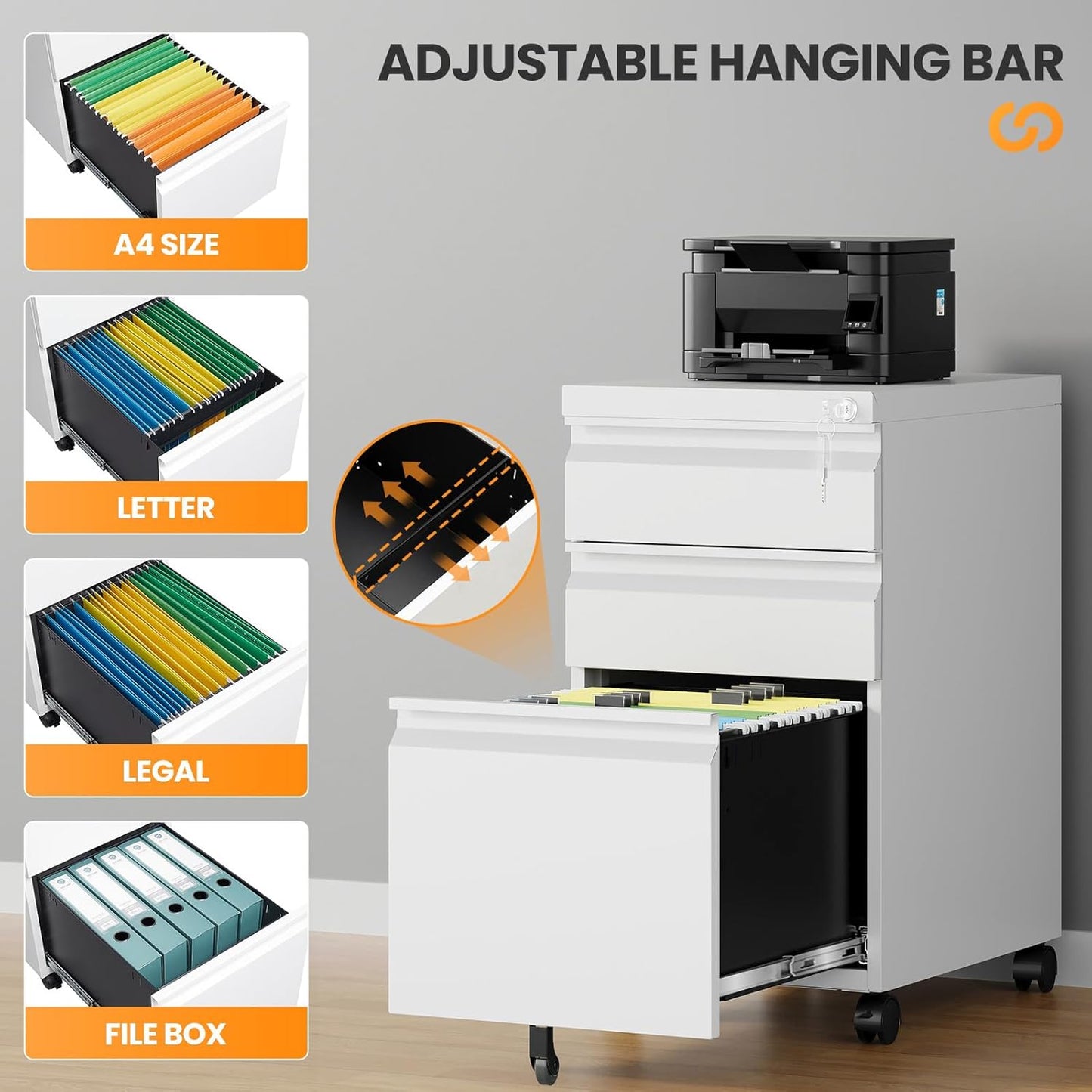 3 Drawer File Cabinet, Fully Assembled Mobile File Cabinets with Lock for Home Office, Metal Rolling Filing Caninet on Wheels, Three Drawer Under Desk Cabnet for Letter/Legal / A4 - White