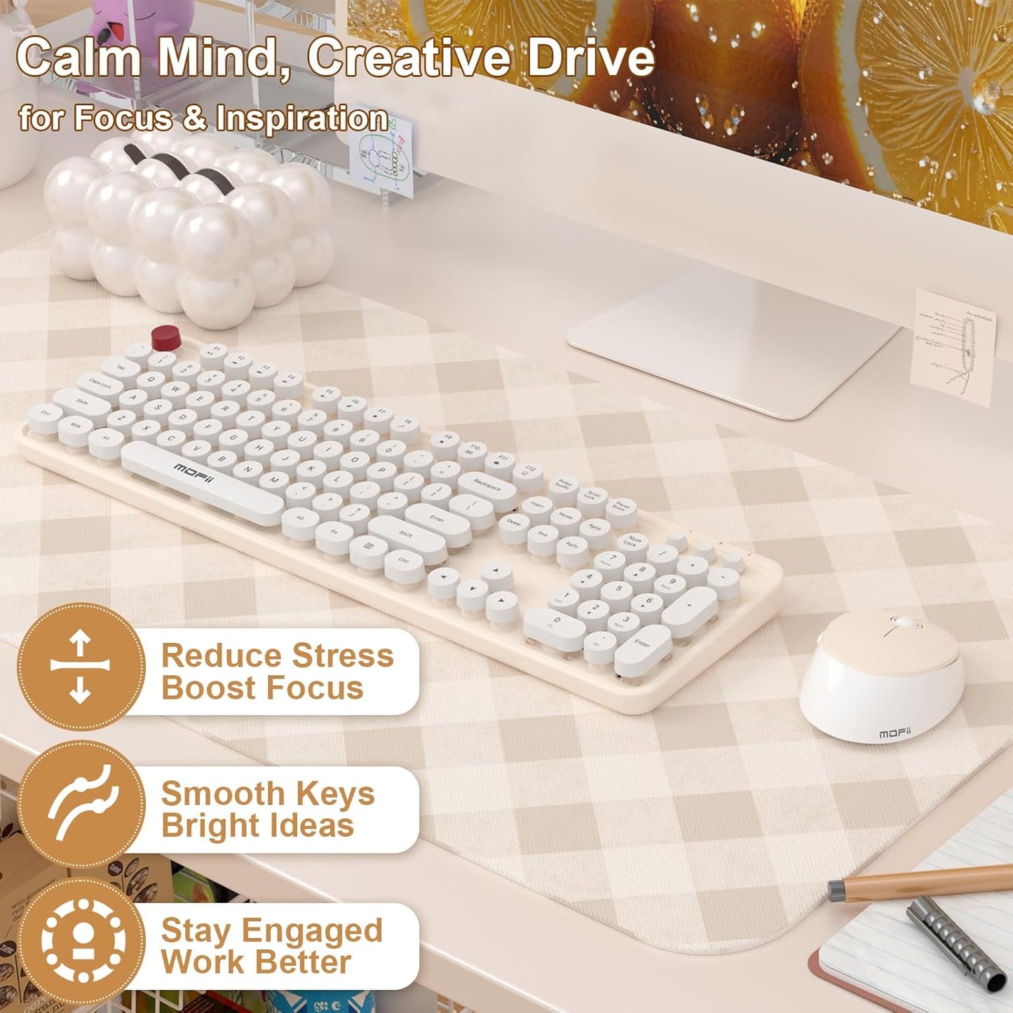 Wireless Keyboard and Mouse Combo, MOFII 104 Keys Full-Size Retro Round Keys Typewriter Keyboards Ergonomic Keyboards and Mouse Wireless for Windows, PC, Laptop, Desktop White