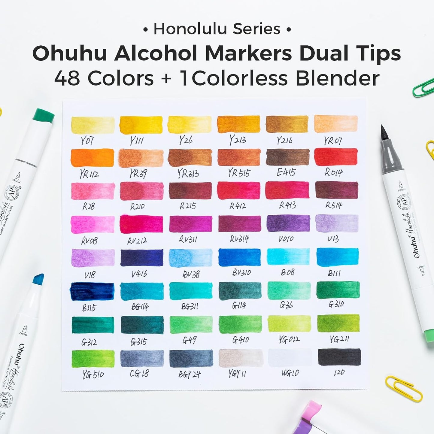 Ohuhu Alcohol Markers Brush Tip: 48-Color Double Tipped Art Marker Set for Artist Adults Coloring Illustrations -Honolulu -Brush & Chisel -Refillable