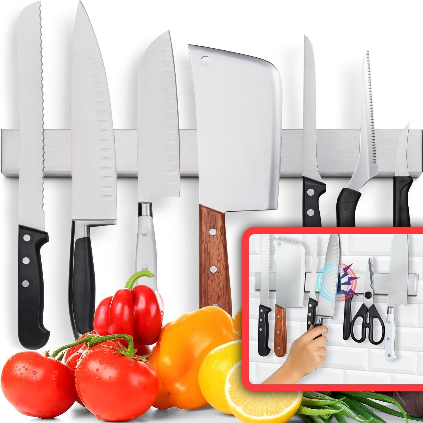 HMmagnets Premium 17 Inch Stainless Steel Magnetic Knife Holder For Wall - Professional Magnetic Knife Strip - Space-Saving Knife Rack/Knife Bar With Powerful Magnetic Pull Force (Upgraded Version)
