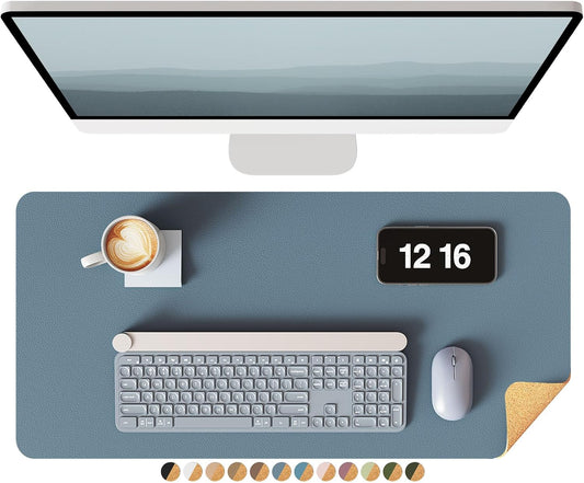 YSAGi Double-Sided Desk Pad, Leather Desk Mat, Eco Cork Desk Pad Protector, Large Mouse Pad for Desk, Waterproof Desk Blotter Pad, Desk Writing Pad for Office Work/Home(23.6"x13.7",Cork+Blue Grey)