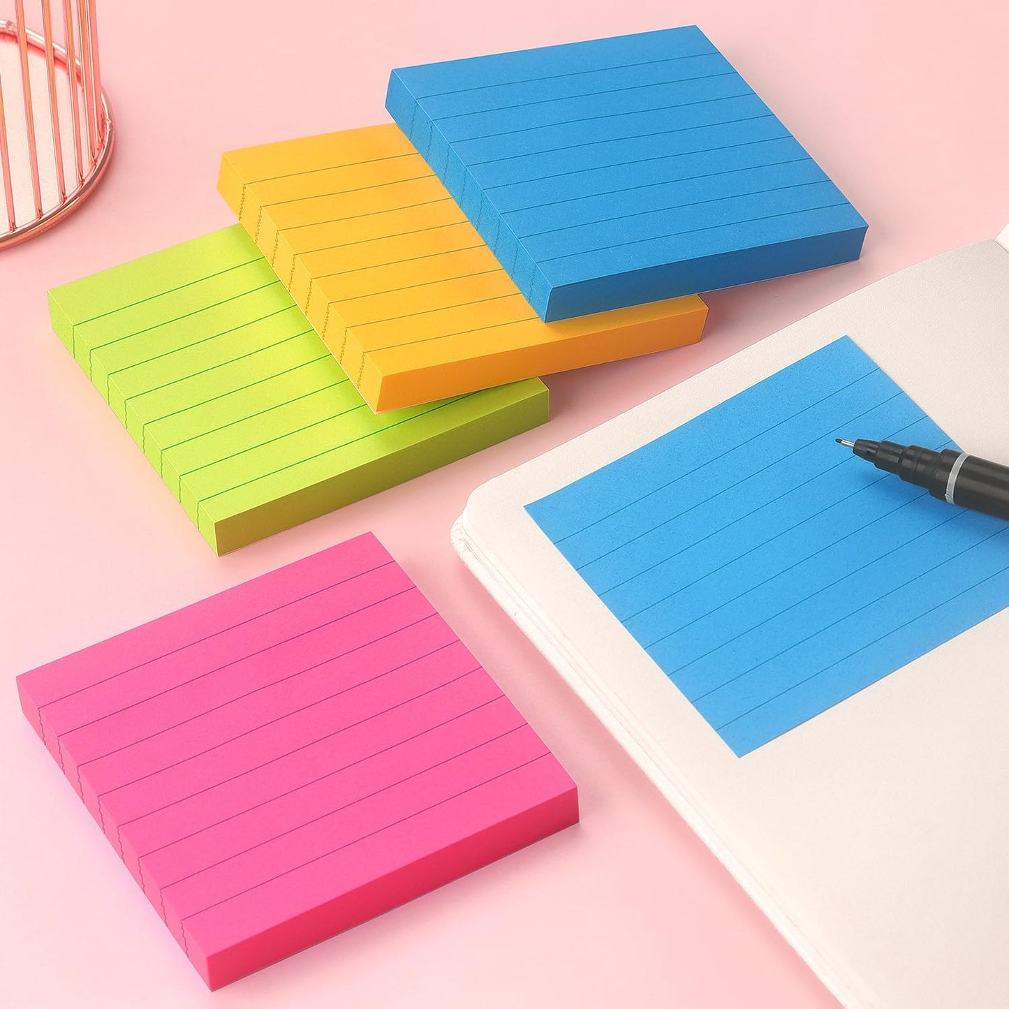 Lined Sticky Notes 3x3 Sticky Notes with Lines Self-Stick Notes Bright Color 4 Pads 90 Sheets/Pad (Bright)