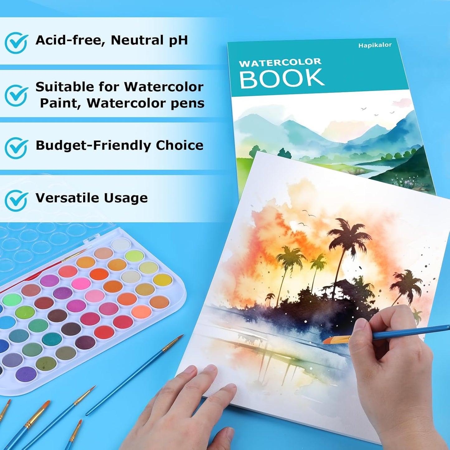Hapikalor 5.5"x8.5"Watercolor Small Sketchbook for Kids, 30 Sheets (60 Pages) Spiral Bound, Water Color Paper, 140lb/300gsm Watercolor Paper, Watercolor Notebook, Watercolor Journal, Sketch Pad, Teal
