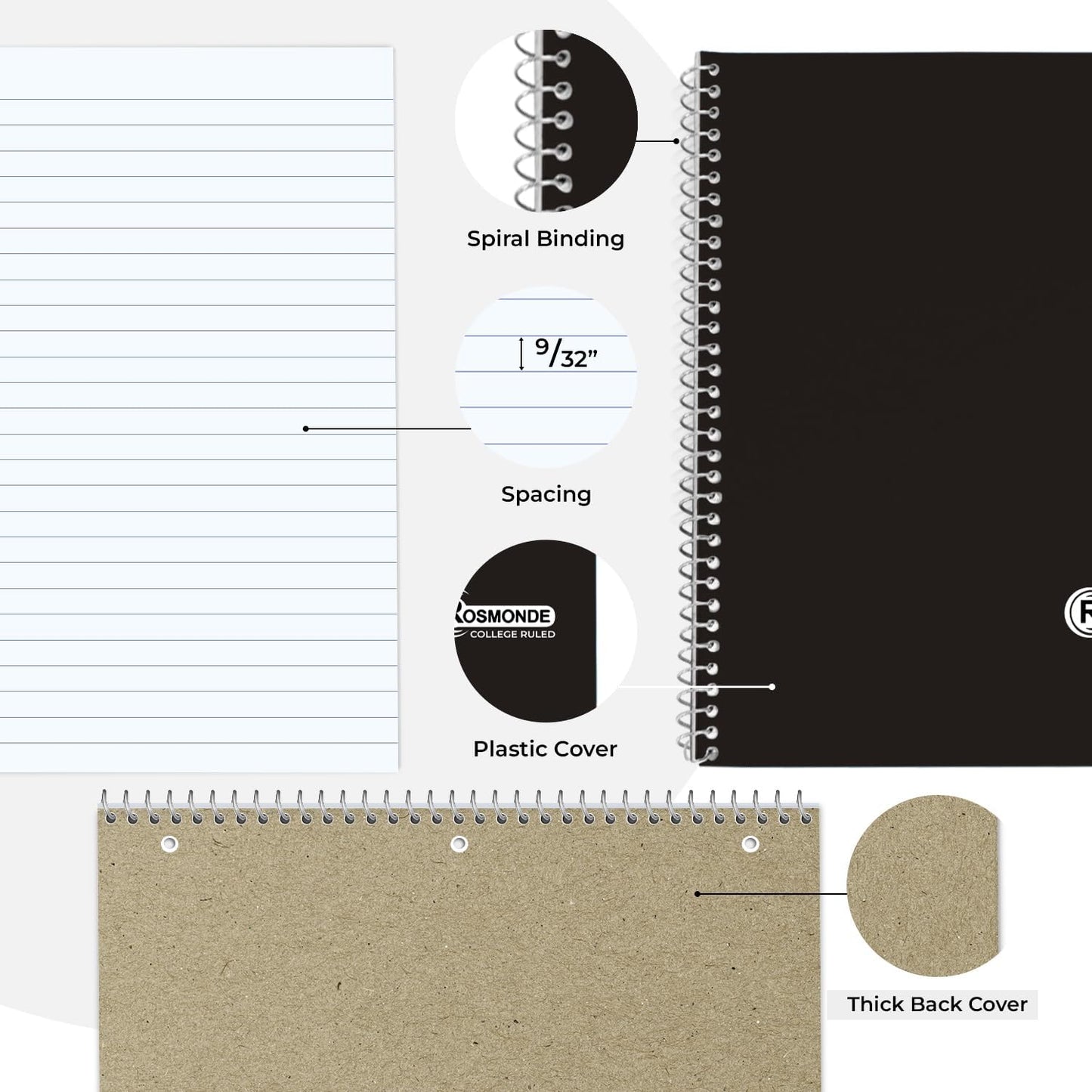 1 Subject Spiral Notebook, 12 Pack, College Ruled, Water Resistant Cover, Thick 140 Pages/Book (70 Sheets), 8 x 10-1/2, 3 Hole, Bulk School & Office, Black Cover