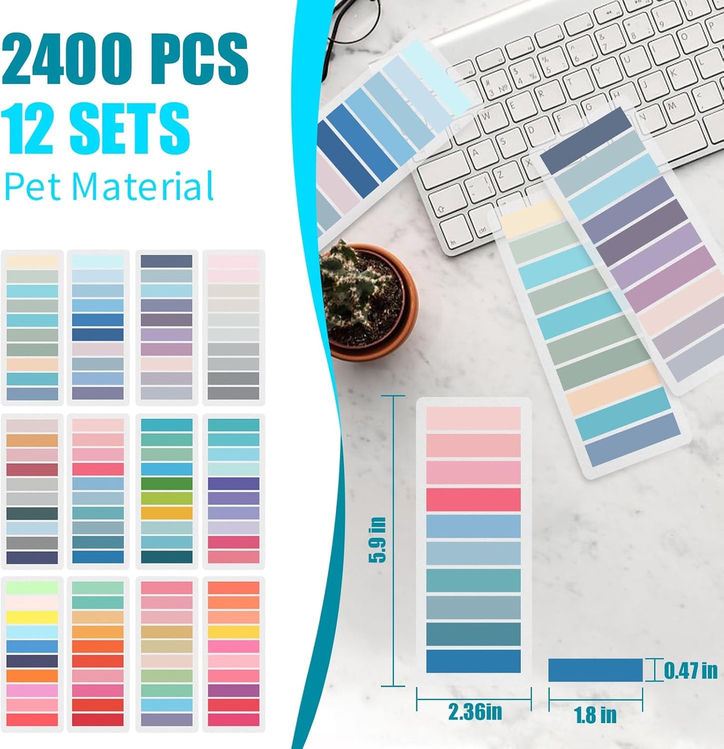 Annotation Tabs Transparent Sticky Notes - 2400Pcs Book Tabs Writable Morandi Sticky Tabs Clear Sticky Notes Page Markers Tabs for Annotating Books, Book Marks for Reading Annotation Supplies 12 Sets…