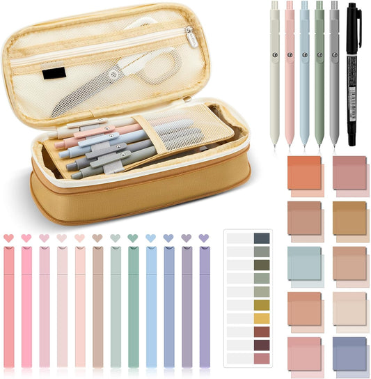 Jutom 39 Pcs Aesthetic Book Annotation Kit Highlighter with Pencil Case Bag Gel Pen Transparent Sticky Note Taking Bible Study College School Supplies(Khaki,Cute Style)