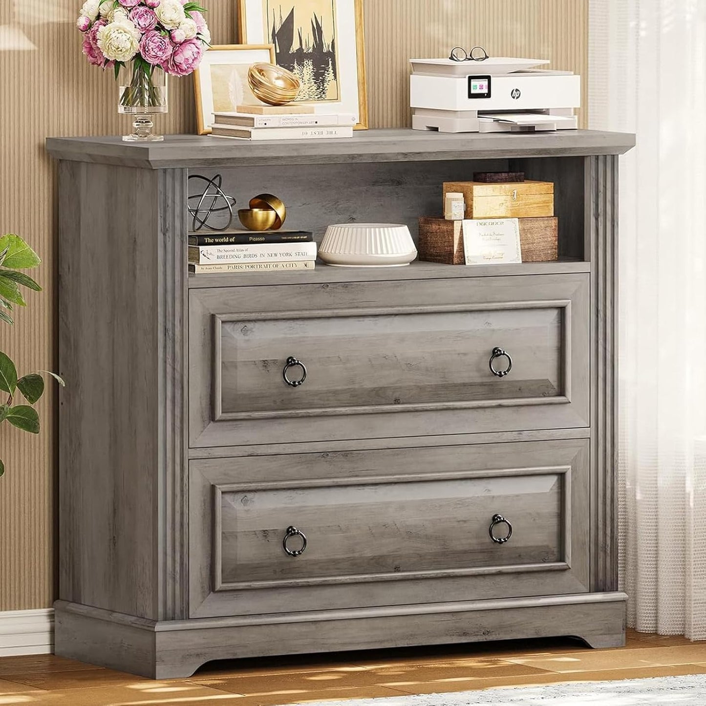 Itaar 2 Drawer File Cabinet, Farmhouse Filing Cabinet for Home Office Fits Letter, Legal, A4 Size, Wood Lateral File Cabinet with Printer Stand, Storage Shelf, Grey