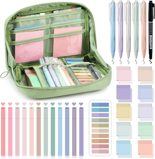 Jutom 39 Pcs Aesthetic Book Annotation Kit Highlighter with Pencil Case Bag Gel Pen Transparent Sticky Note Taking Bible Study College School Supplies(Green,Kawaii Style)
