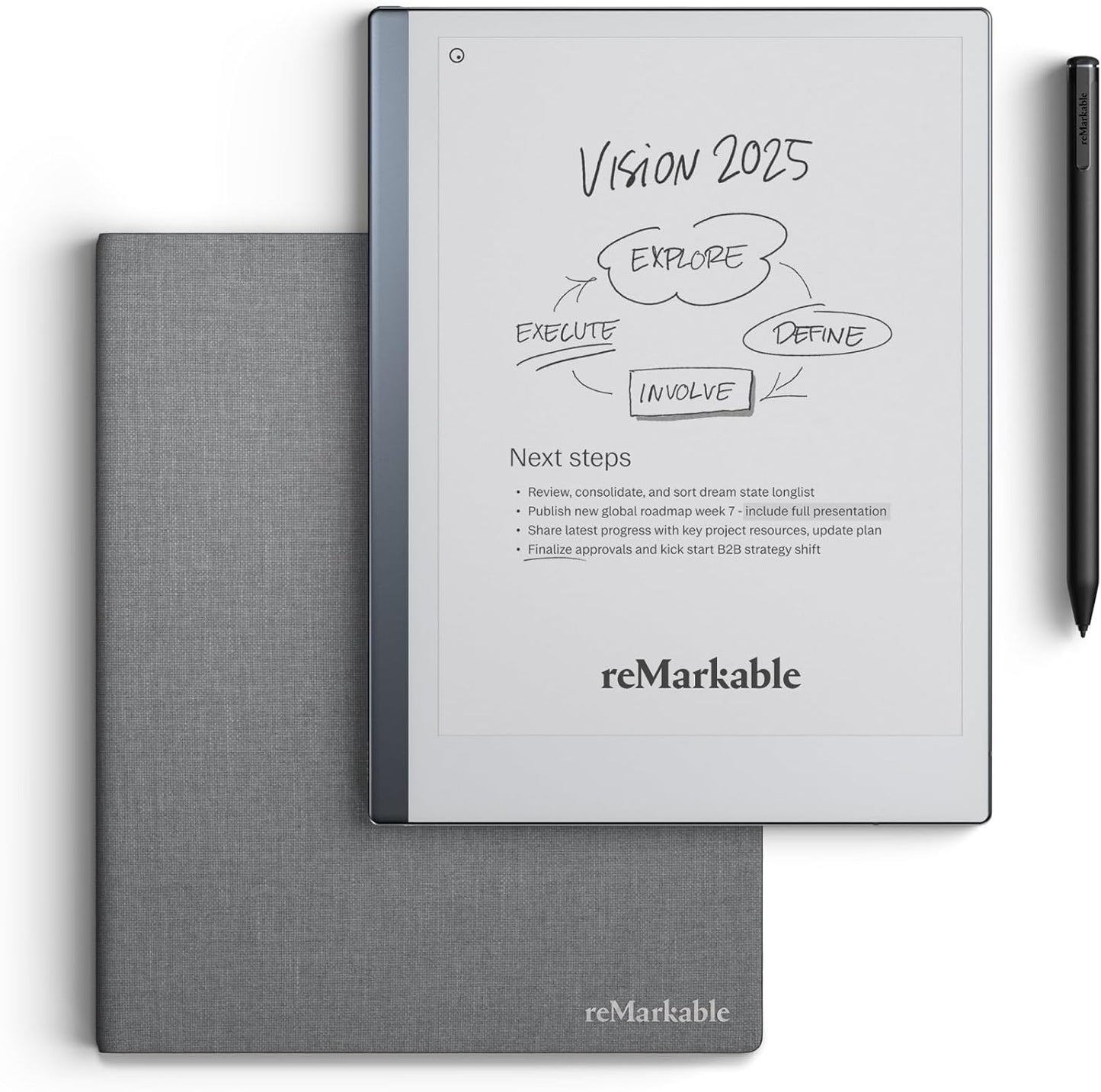 reMarkable Essentials Bundle – Gray | reMarkable 2 Paper Tablet | Includes Black and White 10.3” Writing Tablet, Marker Plus Pen with Eraser, Book Folio Cover in Gray Weave