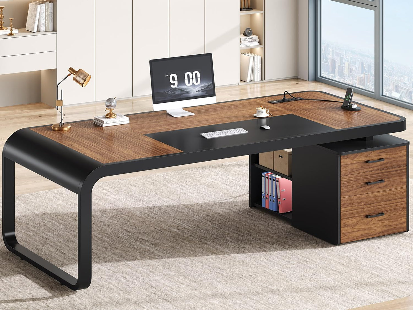 Itaar 70.9" Executive Desk, Large Computer Desk with Drawers and Lateral File Cabinet, Office Desk with Removable Shelves, Business Furniture Desk Workstation for Home Office, Walnut