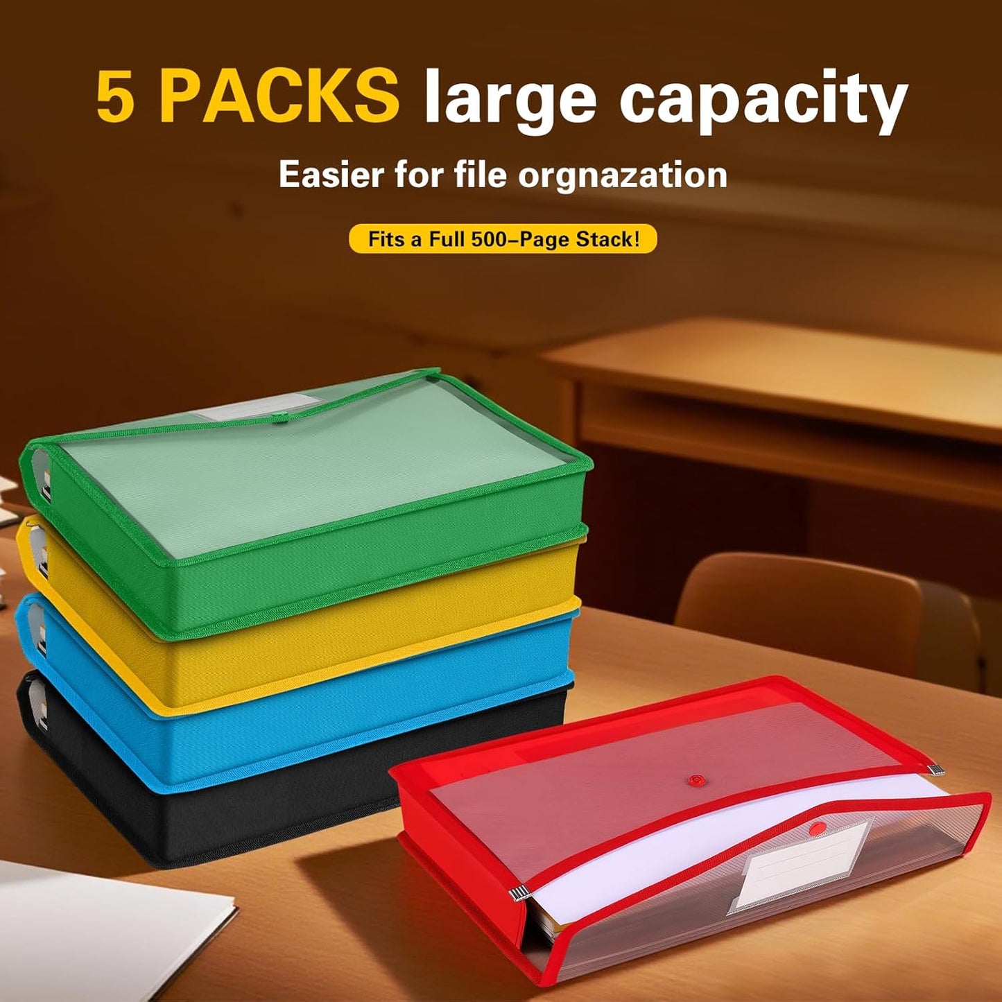 Go&Fan 5 Packs Expanding File Folder,no dividers,File Wallet Document Folder,Plastic envelopes with snap Closure,Paper Organizer Folder with Lable Pocket (Colorful) Fit Letter/A4 Size