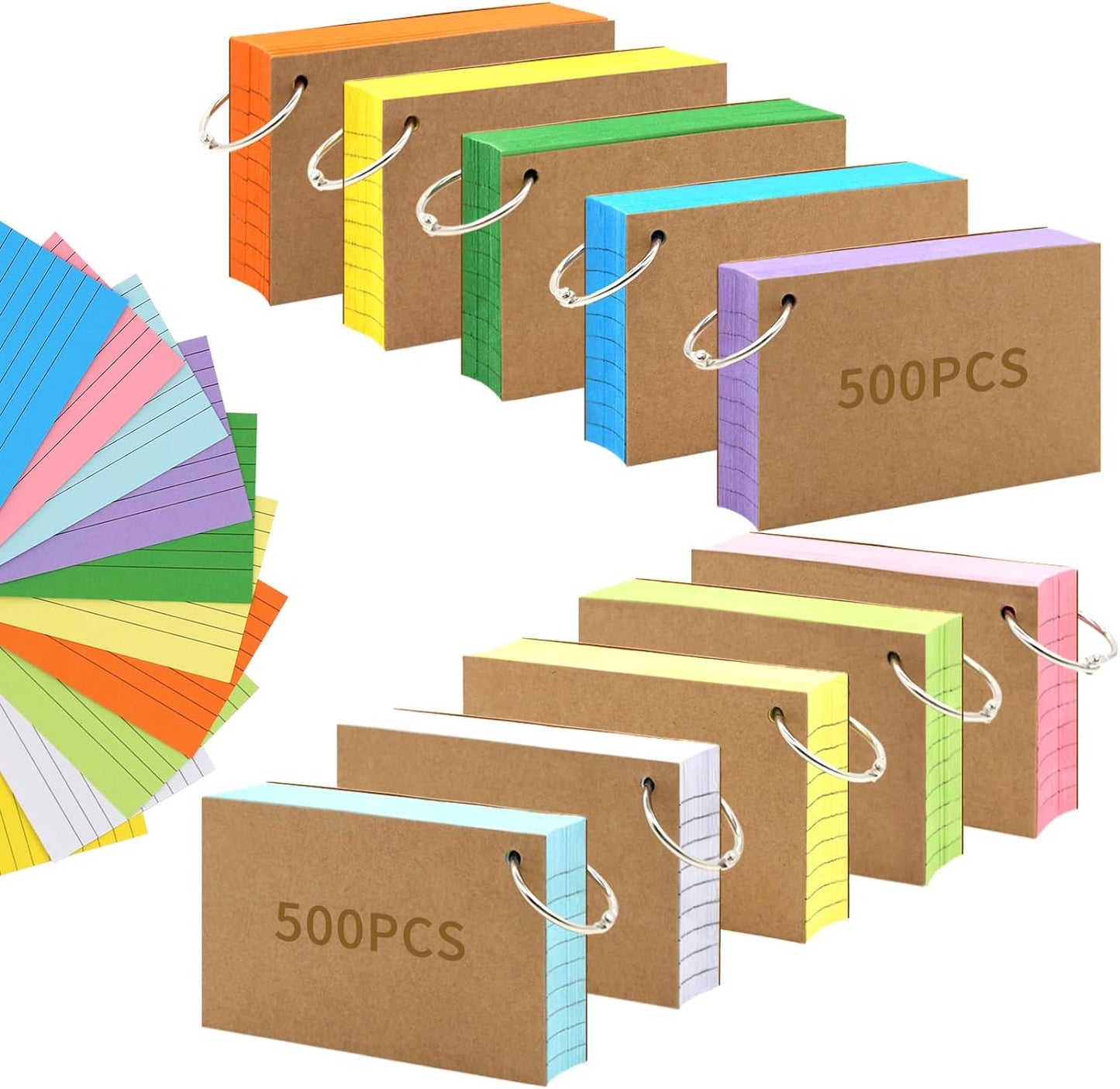 1000 PCS Index Cards 3x5 Inches Colored Flash Cards with Ring, Punched Lined Flashcards Ruled Index Cards Notecards Study Cards Heavy Note Cards for Studying, Learning, School, College, Memory