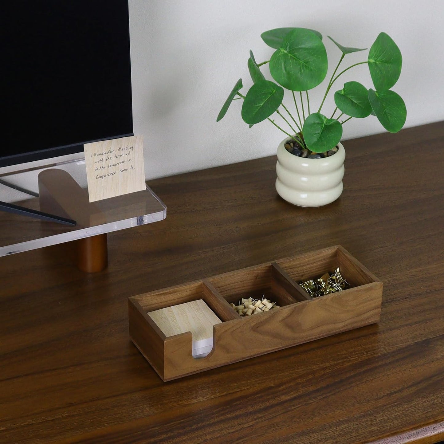 MultiBey 3 in1 Walnut Wooden Sticky Note Holder, 12" x 4.3" x 2.4" Self-Stick Note Pads Holder Memo Pad Dispenser, Wood Post it Note Dispenser Desk Organizer for Office Home School