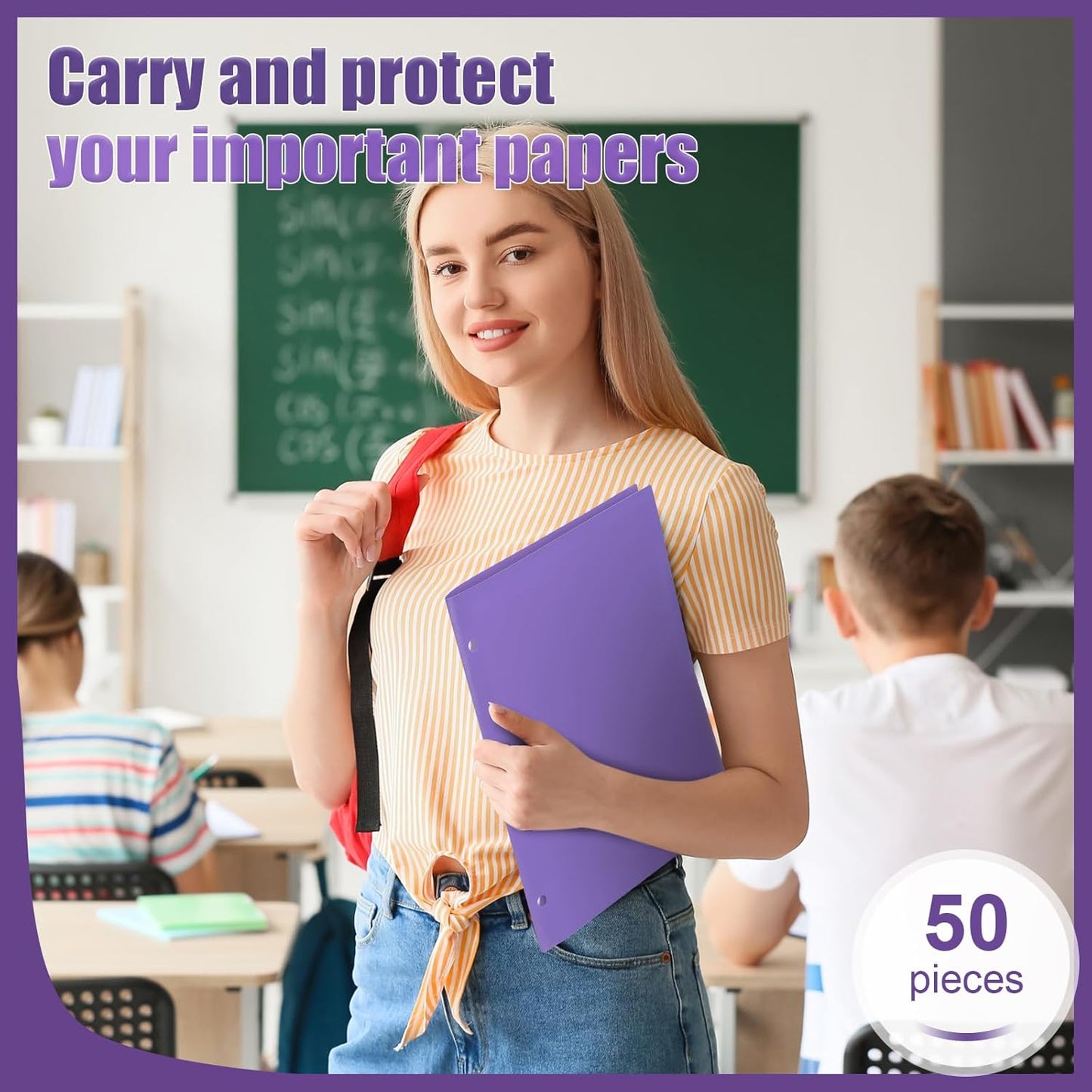 Yeaqee 50 Pcs Plastic Folders with Pockets Bulk 3 Hole Punched 2 Pocket File Folders for 3 Ring Binder Divider Folder for Notebooks, Durable Poly for Office Home (Purple)