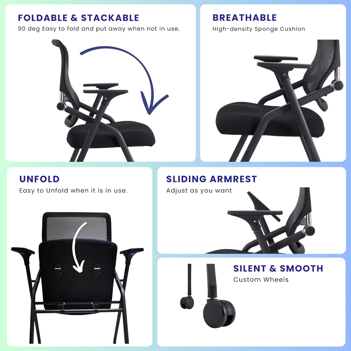 10 Pack Stackable & Foldable Conference Room Chairs with Lumbar Support, Armrest - Ergonomic Mesh Bouncing Back for Office Meeting, Conference, Reception and Training Room Chair