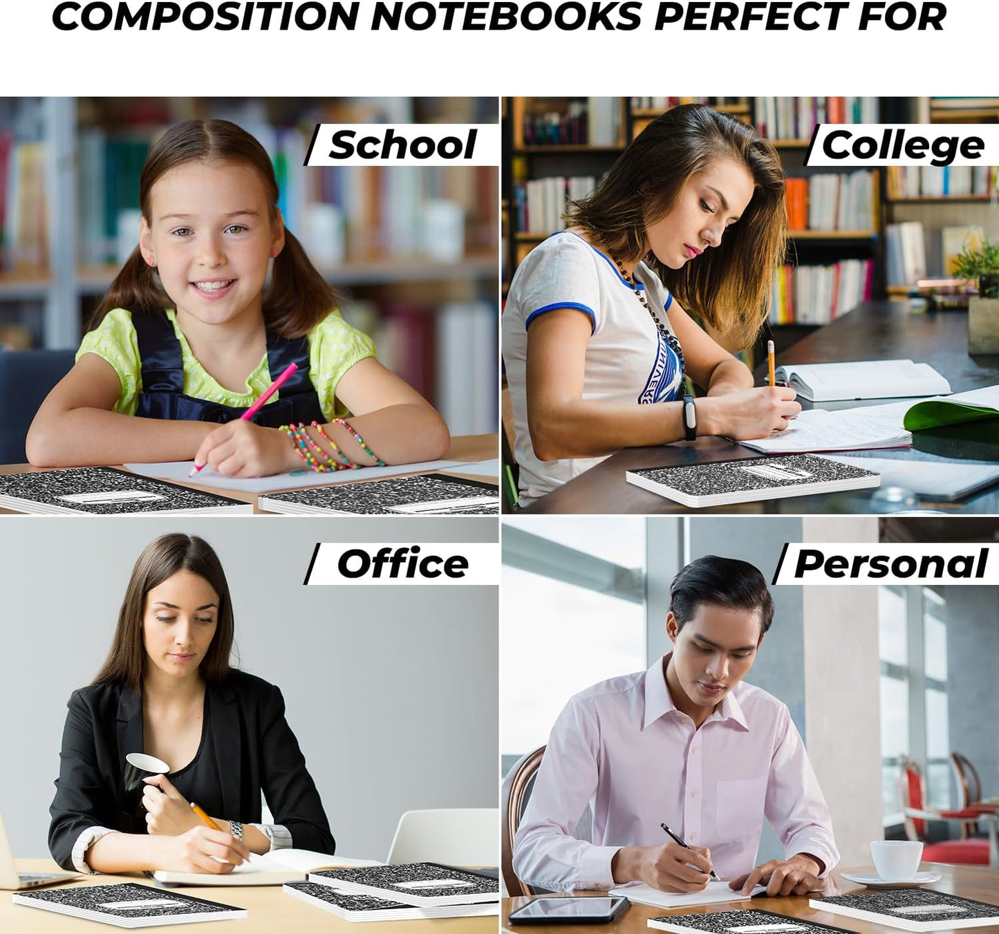 Graph Paper Composition Notebook, 5 Pack, 200 Pages (100 Sheets), Quad Ruled Composition Notebook, Graph Notebooks, 4x4 Grid Composition Notebook, Black Marble, Sewn Hard Cover, 9-3/4 x 7-1/2