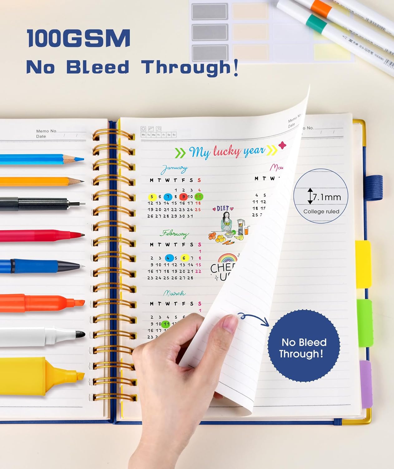 Hardcover Spiral Notebook journal with Removable Dividers Tabs, 300 Pages Leather 5 Subject Notebook College Ruled, 8"x10" Large B5 Notebooks for Work School Note taking, Lined Journal for Women,Navy