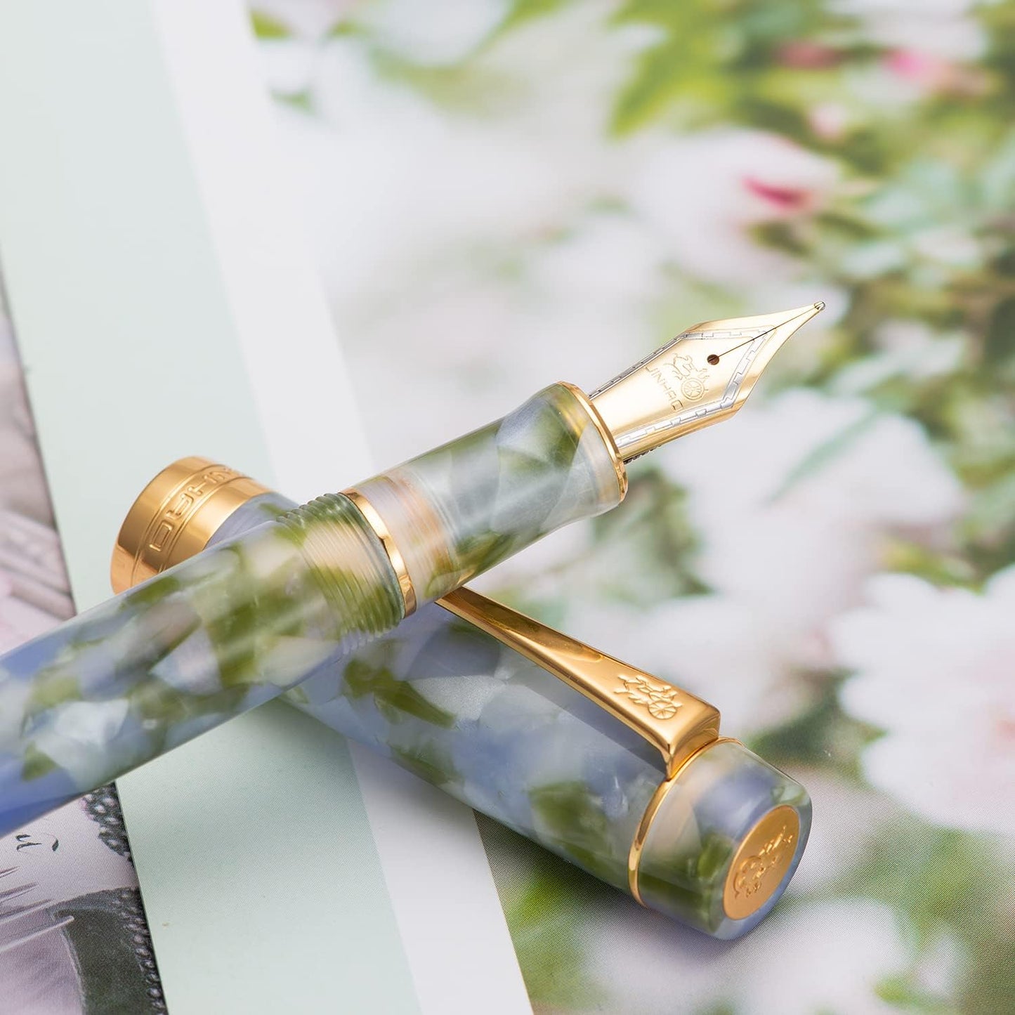 Jinhao 100 Fountain Pen Celluloid Classic Style, #6 Nib Smooth Writing Instrument with Refillable Converter and Pen Case Set