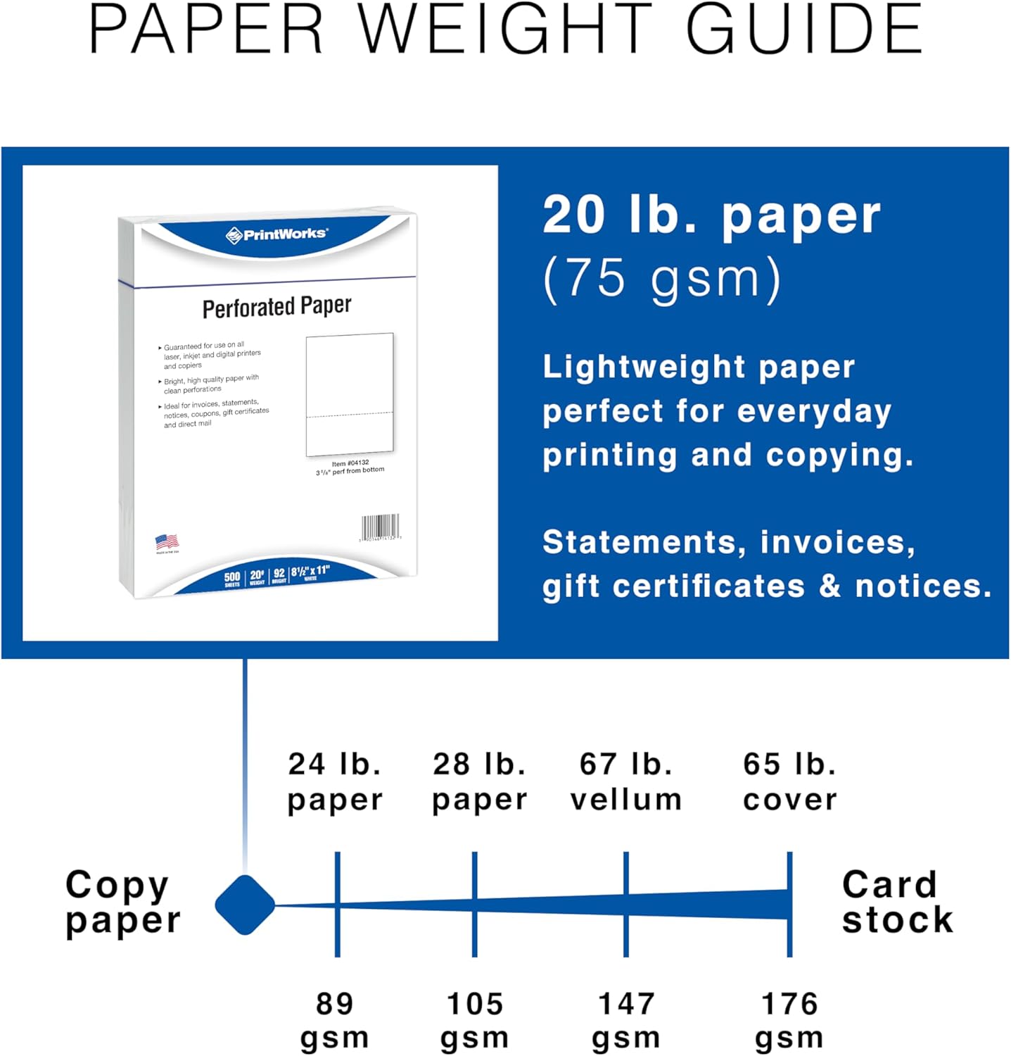 PrintWorks Professional 3 5/8" Horizontal Perforated Paper 8.5” x 11” - Perfect For W-2, 1099, & Statement Use - Made in the USA - 500 Sheets - 24 lb - Printer Compatible - White (04134)