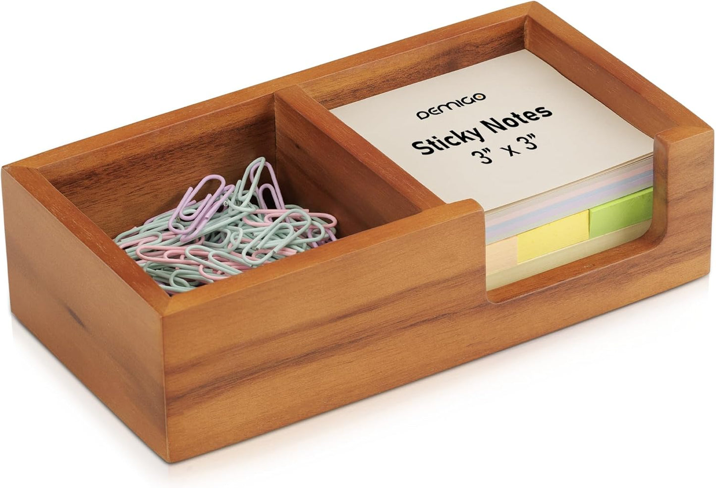 Wooden Sticky Note Holder for Desk – Solid Acacia Wood Organizer for 3x3 Note Pads, Paper Clips, Office Supplies – Compact Memo Pad Holder for Home Office, Teachers