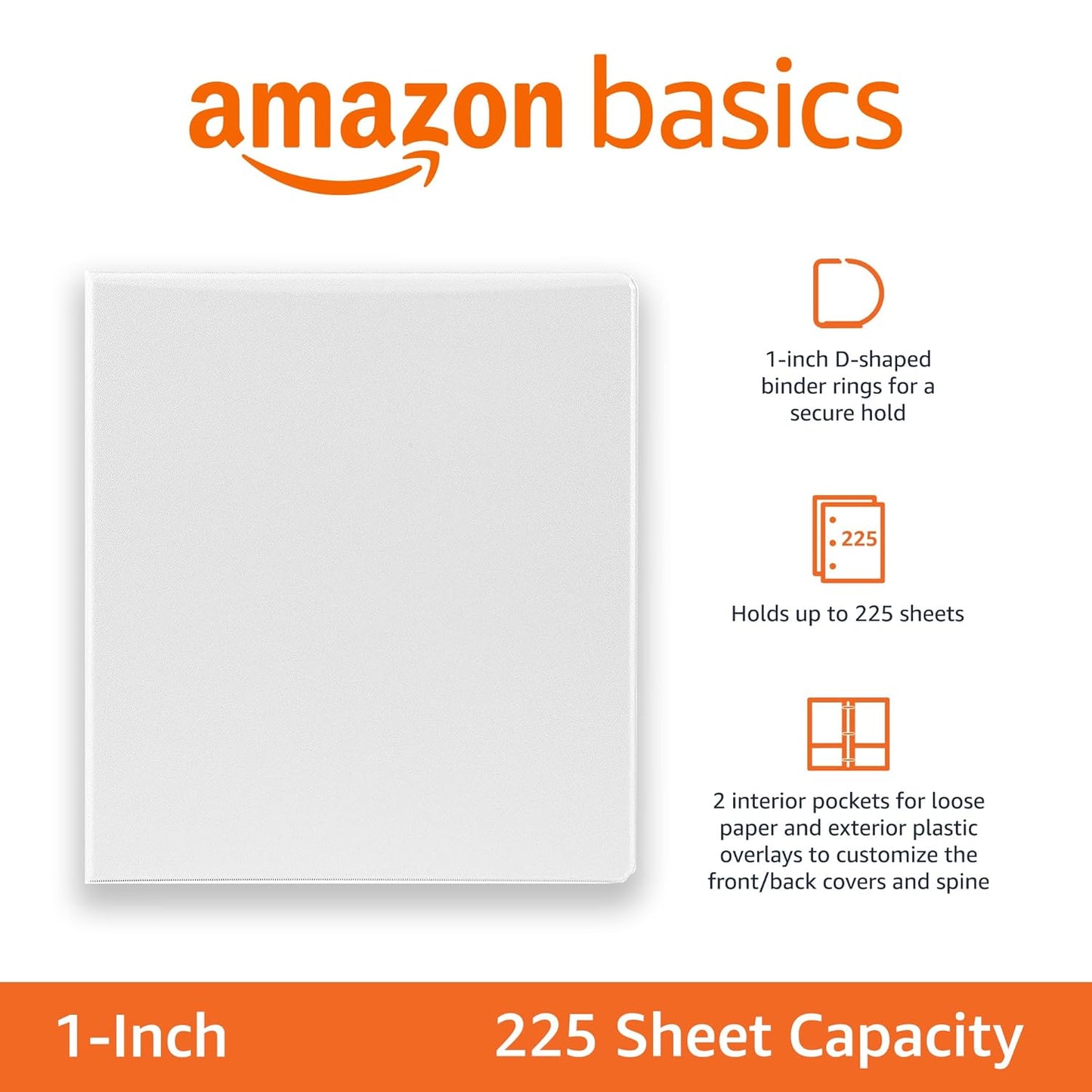Amazon Basics 3 Ring Binder with Durable 1 Inch D-Ring and Clear Overlay for Storage and Organization, Pack of 4, White