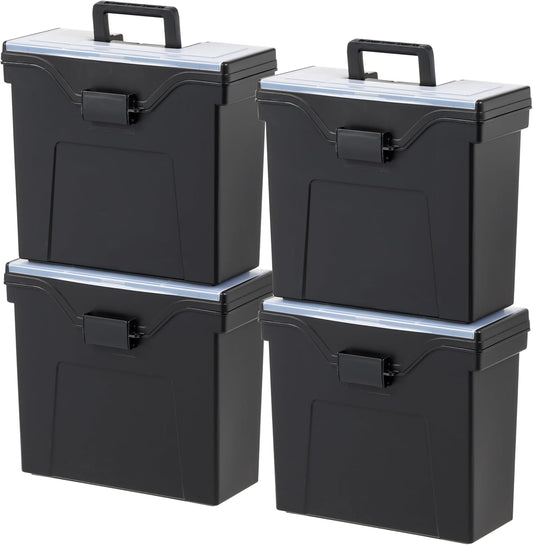 IRIS USA File Box Slim with Lid File Organizer for Letter File w/ Organizer-Lid, Water Resistant Document Box, Plastic Mobile Filing Organizer, Secure Buckle, Portable Handle, Lockable, Black 4 Pack