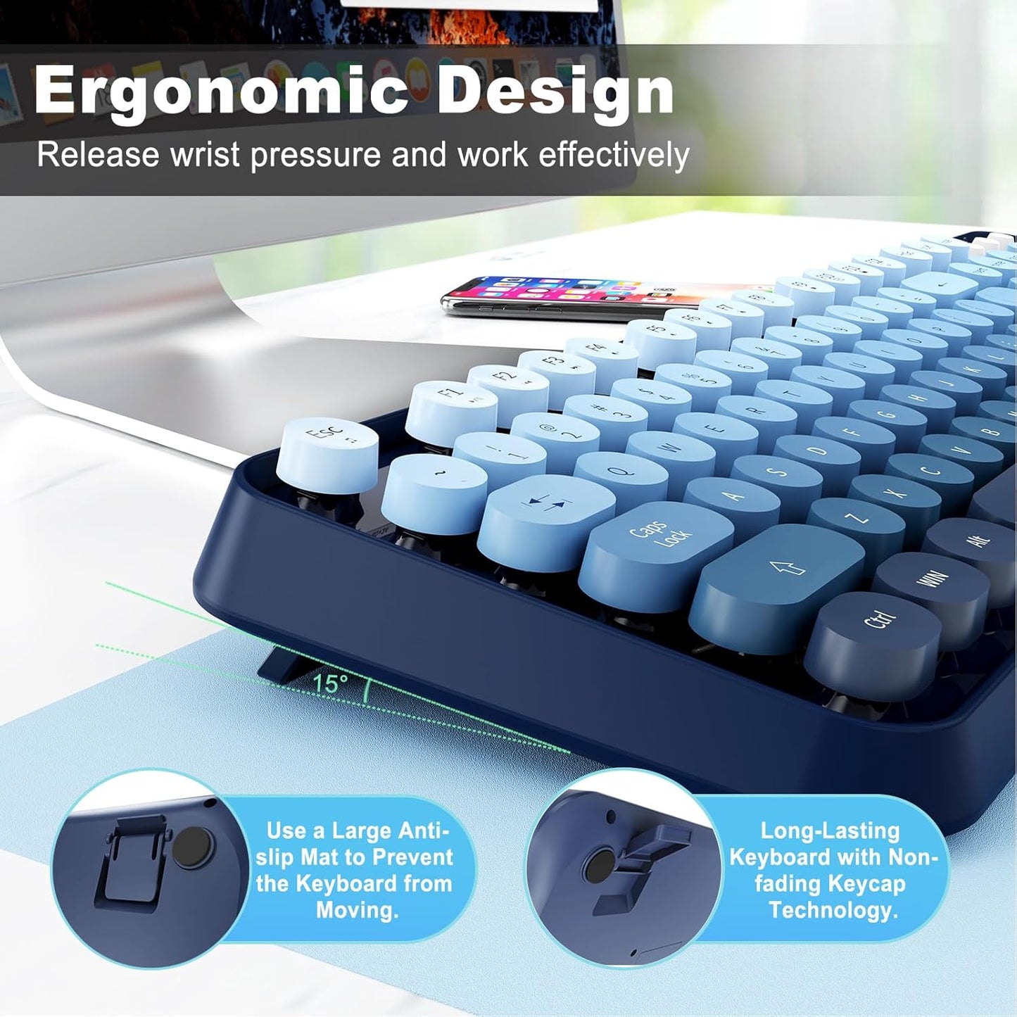 FOPETT Wireless Keyboard and Mouse Combo - 2.4G Full-Sized Cute Colorful Mouse and Keyboard with 104 Round Keys Retro Typewriter Keyboard for Laptop/Windows/PC - Blue Gradient