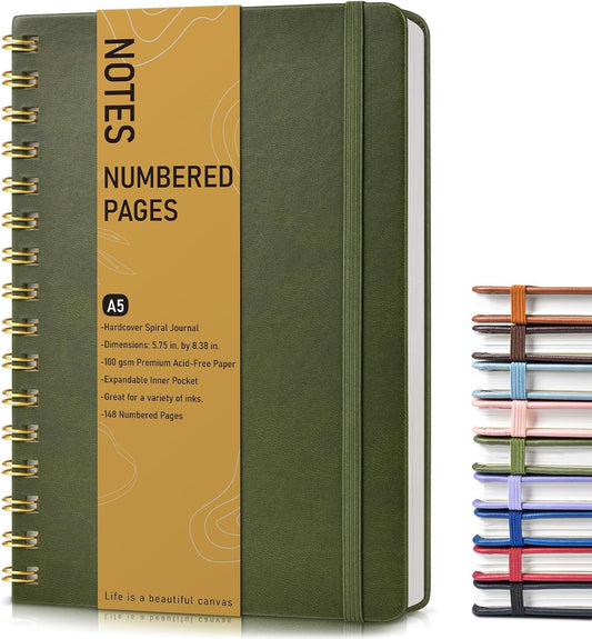 Lined Spiral Journal Notebook, A5 Hardcover Spiral Journals for Women Men, 150 Numbered Pages Spiral Bound Notebook, 100 GSM College Ruled Notebooks for Work, Note Taking 5.75" x 8.38", Olive Green