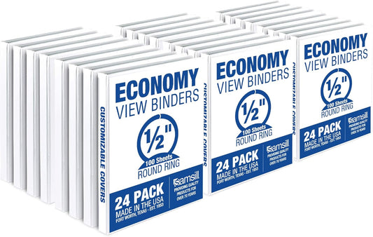 Samsill 0.5 Inch 3 Ring Binders, Made in USA, Economy Round Ring, Clear View Cover, 100 Sheet Capacity - for School, Home, Office - White, 24 Pack
