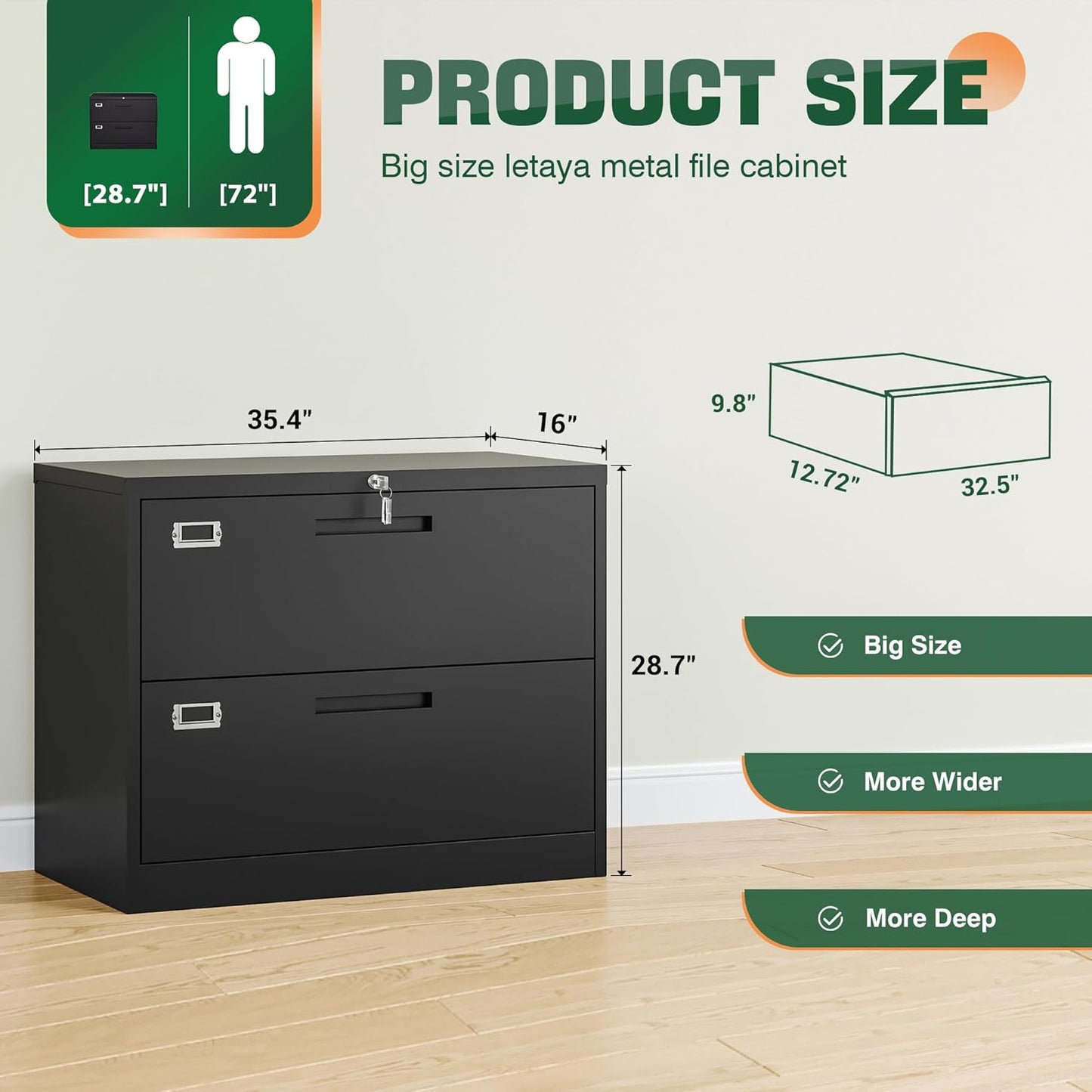 Letaya Metal Lateral File Cabinets with Lock,2 Drawer Steel Wide Filing Organization Storage Cabinets,Home Office Furniture for Hanging Files Letter/Legal/F4/A4 Size (Blcak-2 Drawer)