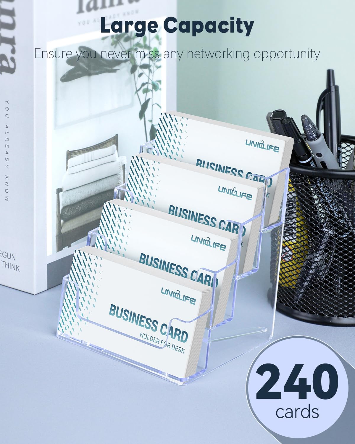 Uniclife 2 Pack Acrylic Business Card Holder for Desk 4 Slots Clear Business Card Display Stand for Men & Women Desktop Business Card Organizer Card Stand for Office Home Exhibition, 240 Card Capacity