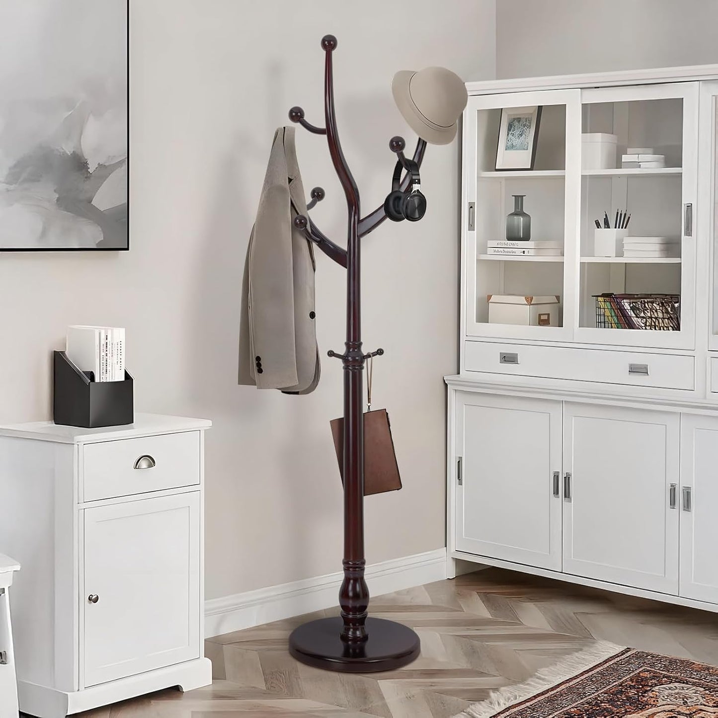 Coat Rack Tree Freestanding with Hooks, Heavy Duty Standing Wood Coat Rack with Solid Round Base, 74” Tree Shaped Coat Hanger Stand for Clothes, Hat, Jacket, Entryway Bedroom, Red Brown