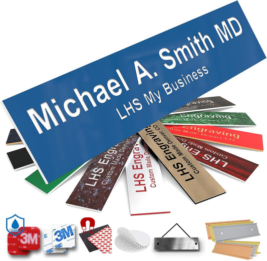Engraved Name Plates for Door Sign Personalized Blue Plastic Plaque with White Letters - Made in USA 2x4 B9