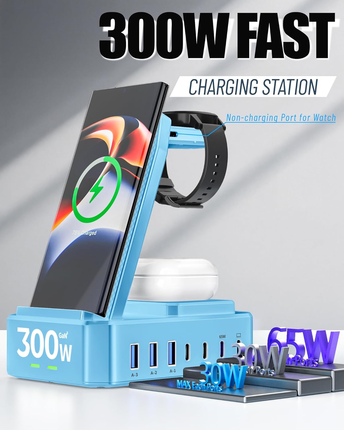 300W Wireless Charger for Samsung,Zutspzss 10 in 1 Wireless Charging Station, 65W USB C Fast Charging Stand for Samsung S25 Ultra/S24/S23/S22/Z Fold,Galaxy Watch Ultra7/6/5,Galaxy Buds,Blue