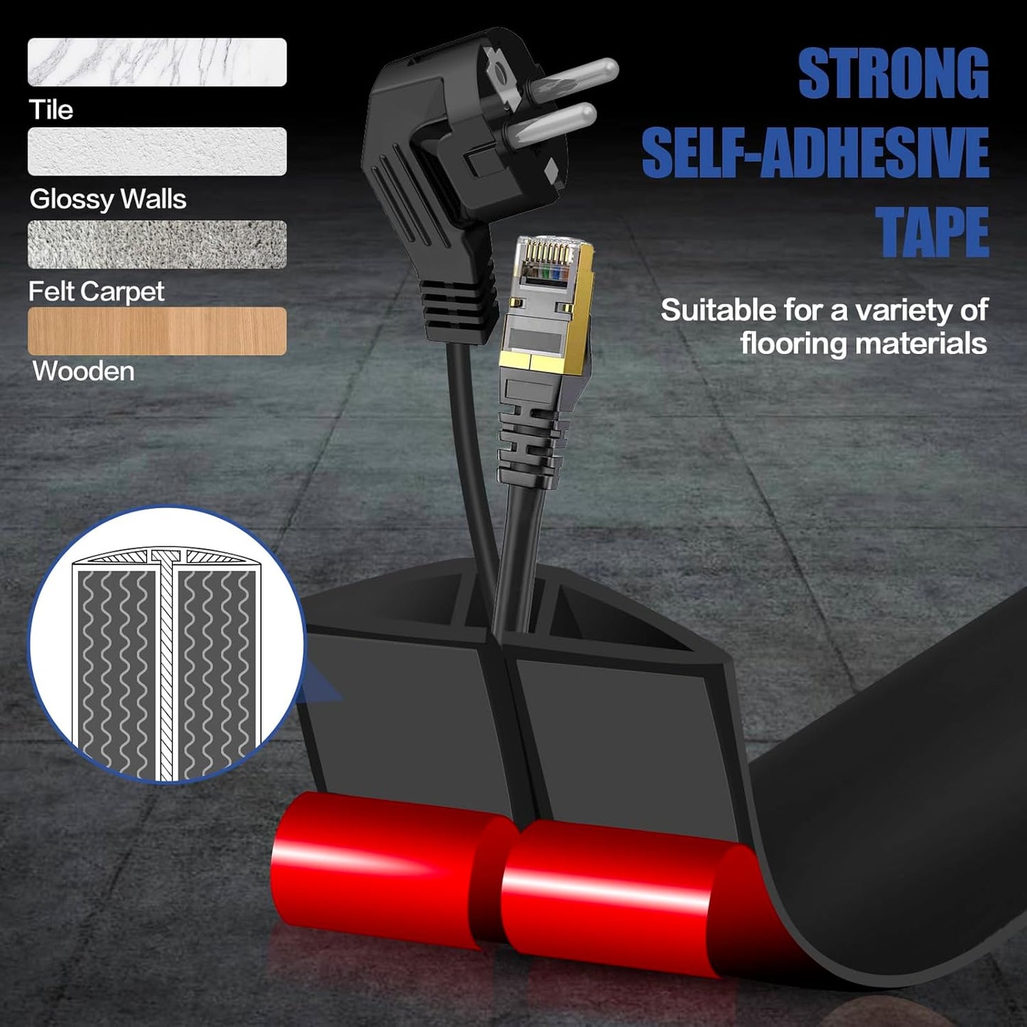 Floor Cord Cover Self Adhesive Cord Hider,3.3FT Cable Management, Extension Strip Protector for Wires, Prevent Cable Trips for Offices, Gyms, Exhibitions Cavity:0.3"(W) x 0.28"(H) Black